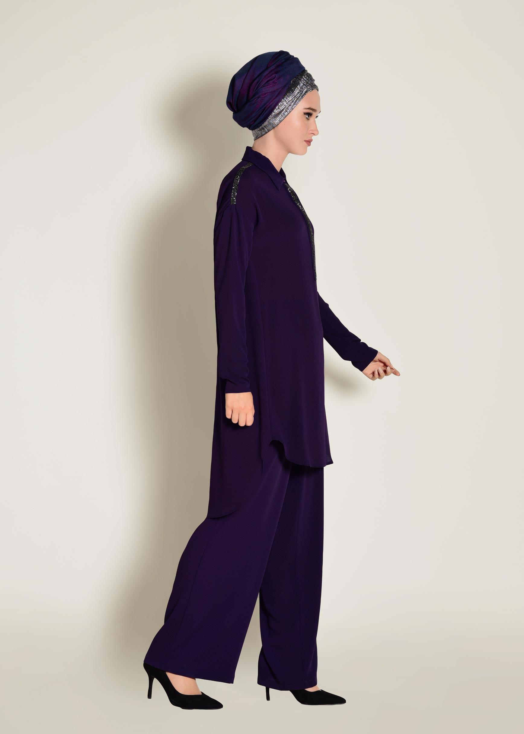 Tesettür giyim MOR TAŞ İŞLEMELİ 2&prime;Lİ PANTOLONLU TAKIM 4253