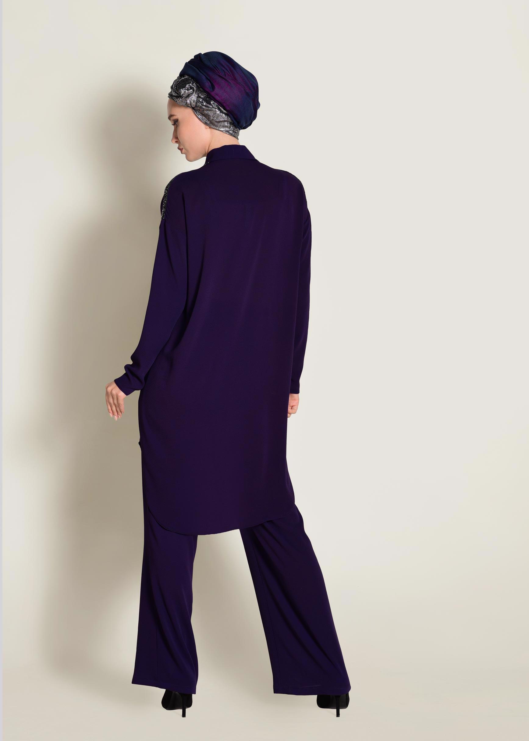 Tesettür giyim MOR TAŞ İŞLEMELİ 2&prime;Lİ PANTOLONLU TAKIM 4253