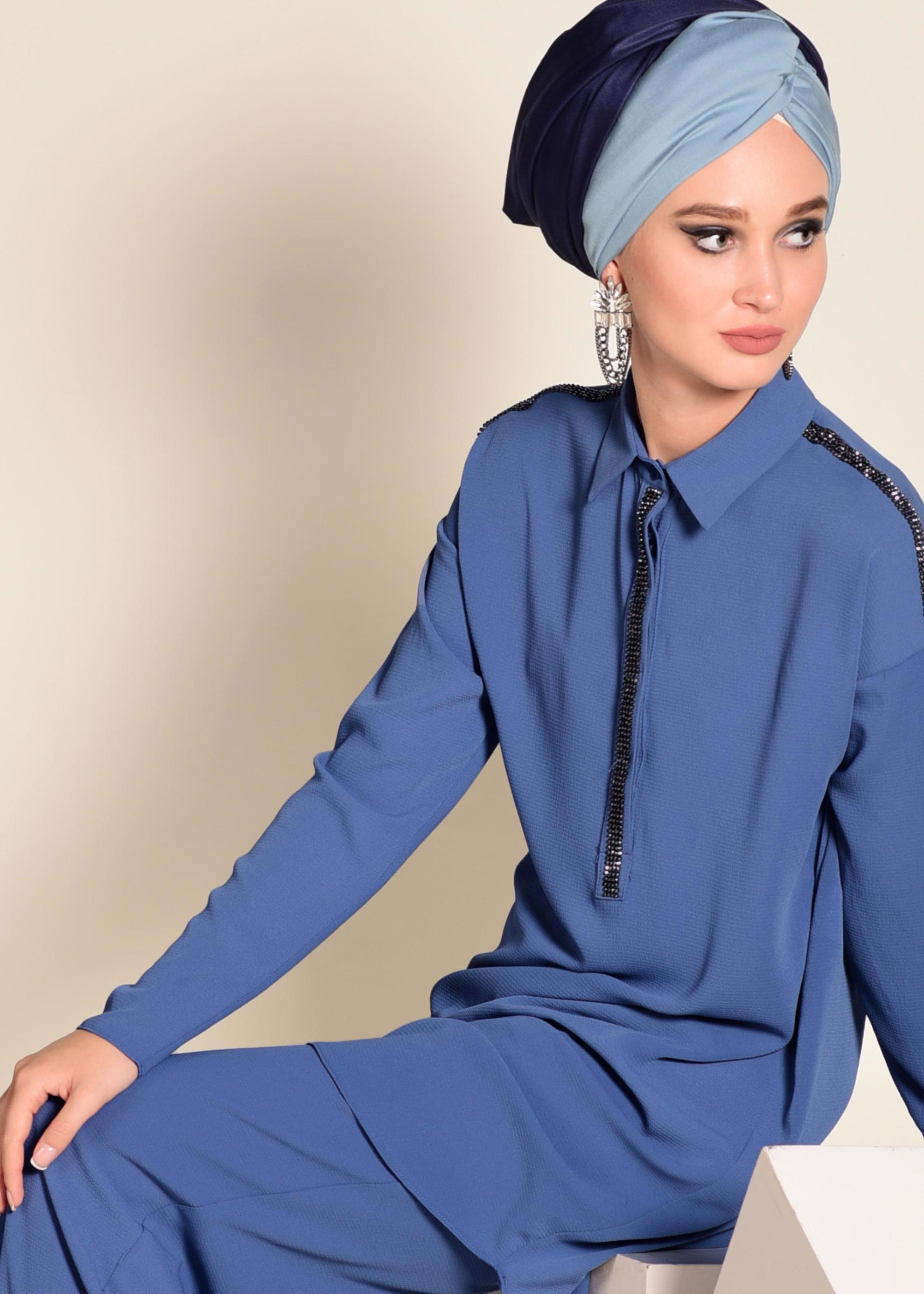 Tesettür giyim LACİVERT TAŞ İŞLEMELİ 2&prime;Lİ PANTOLONLU TAKIM 4253