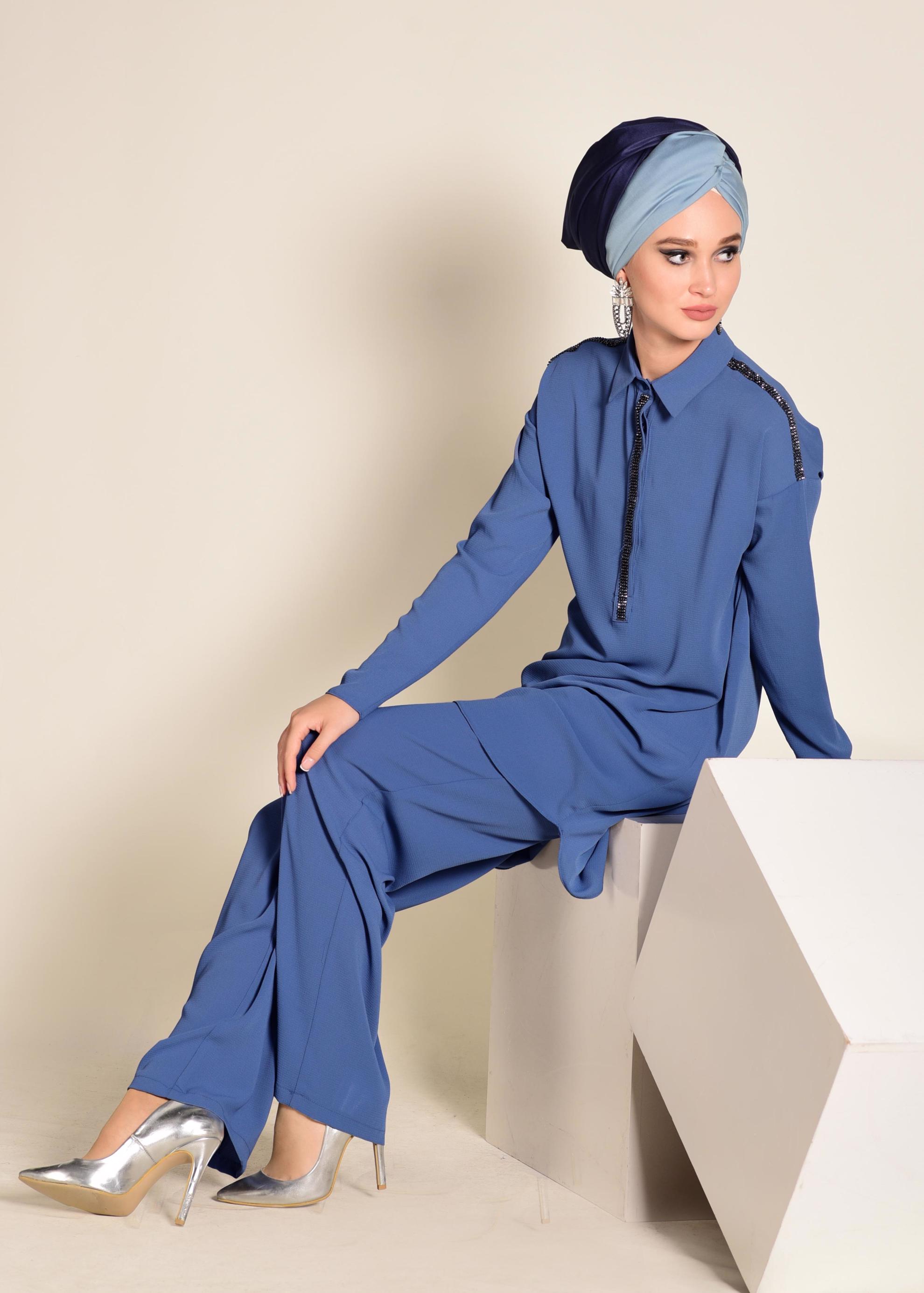 Tesettür giyim LACİVERT TAŞ İŞLEMELİ 2&prime;Lİ PANTOLONLU TAKIM 4253