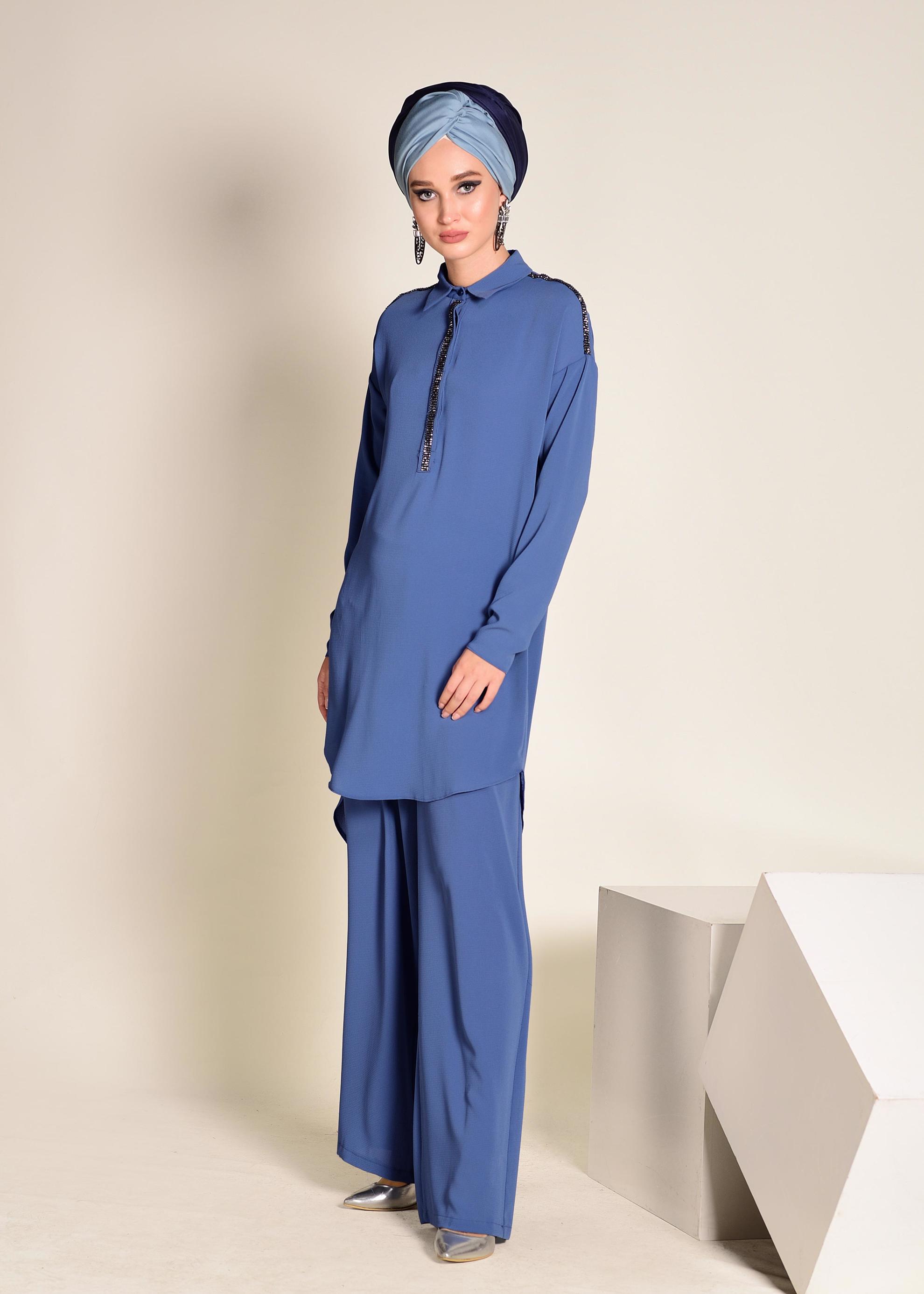 Tesettür giyim LACİVERT TAŞ İŞLEMELİ 2&prime;Lİ PANTOLONLU TAKIM 4253