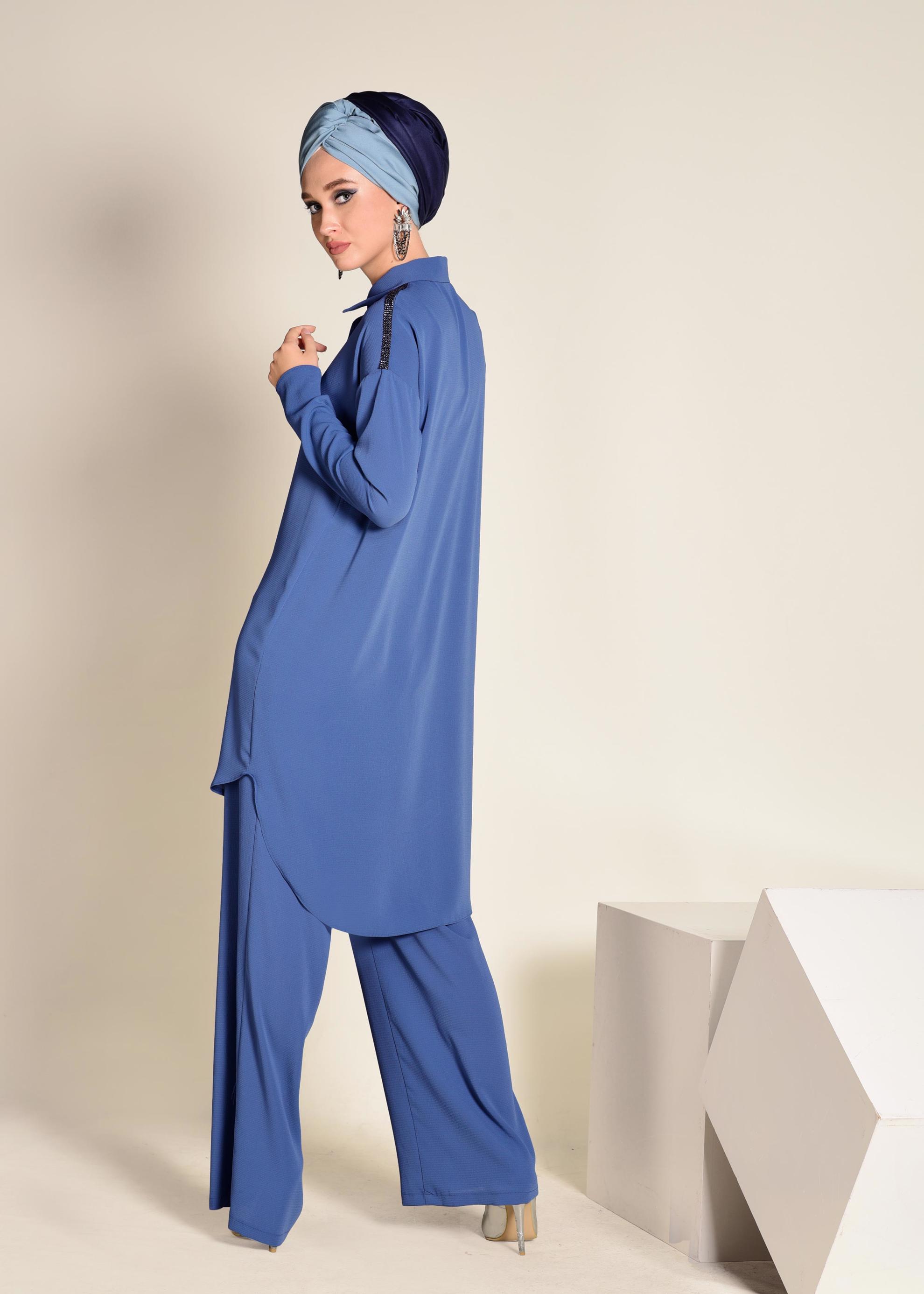 Tesettür giyim LACİVERT TAŞ İŞLEMELİ 2&prime;Lİ PANTOLONLU TAKIM 4253