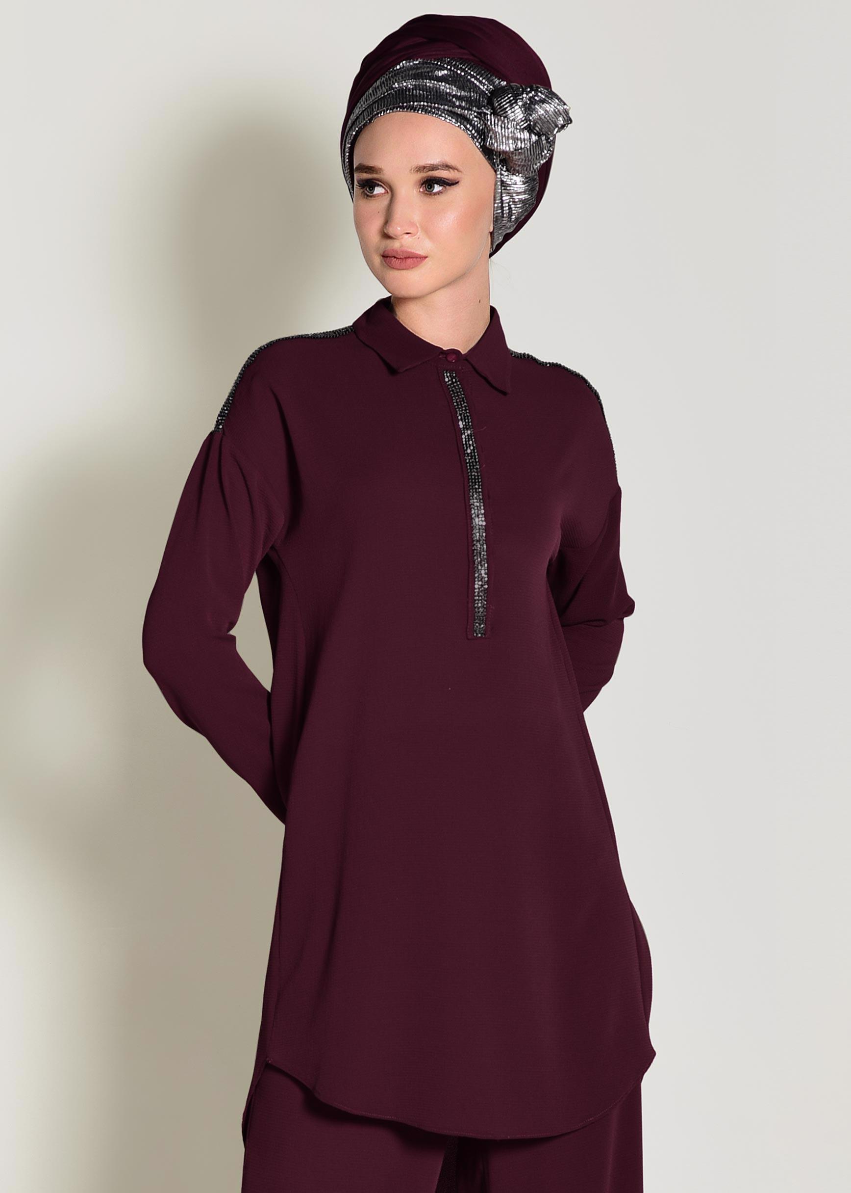 Tesettür giyim BORDO TAŞ İŞLEMELİ 2&prime;Lİ PANTOLONLU TAKIM 4253