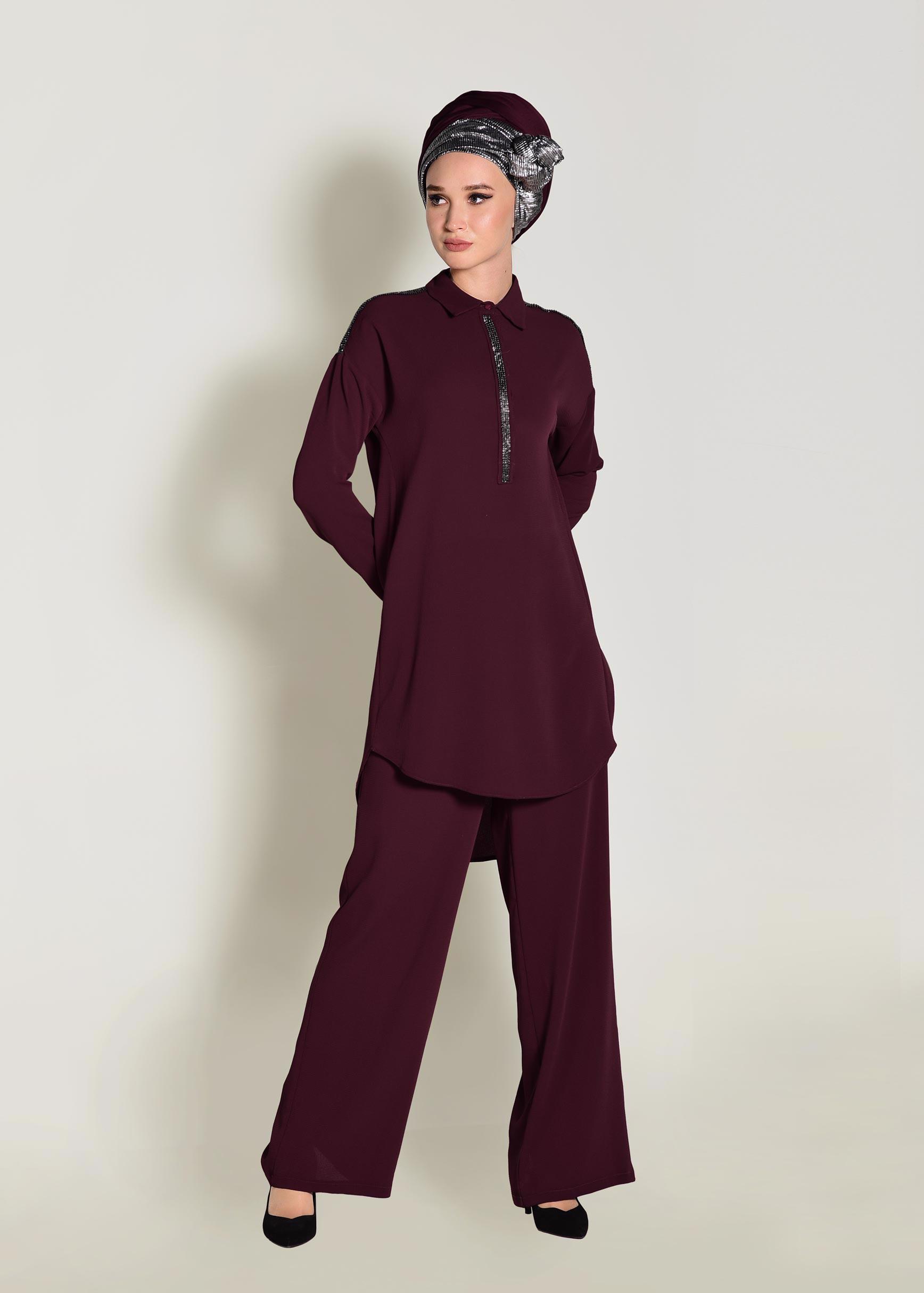 Tesettür giyim BORDO TAŞ İŞLEMELİ 2&prime;Lİ PANTOLONLU TAKIM 4253