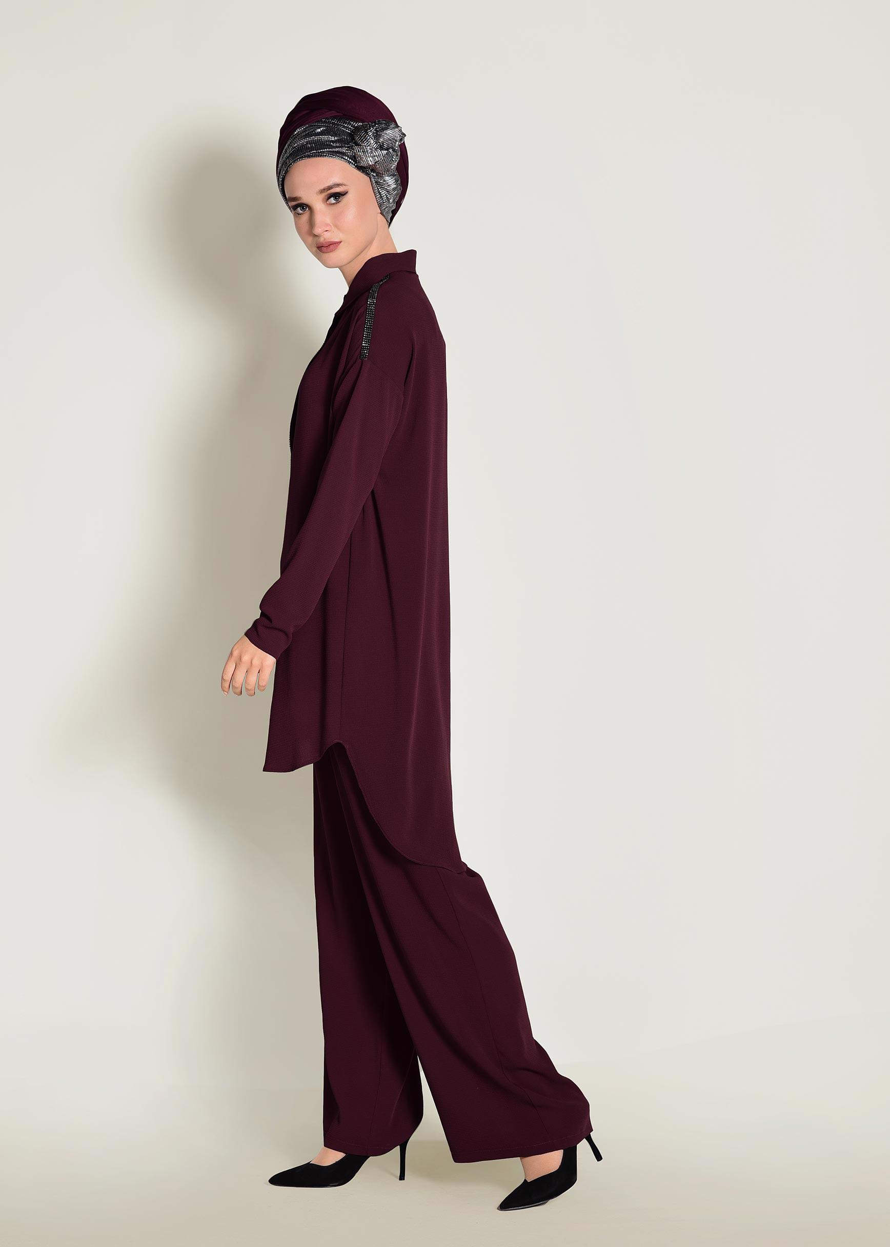 Tesettür giyim BORDO TAŞ İŞLEMELİ 2&prime;Lİ PANTOLONLU TAKIM 4253