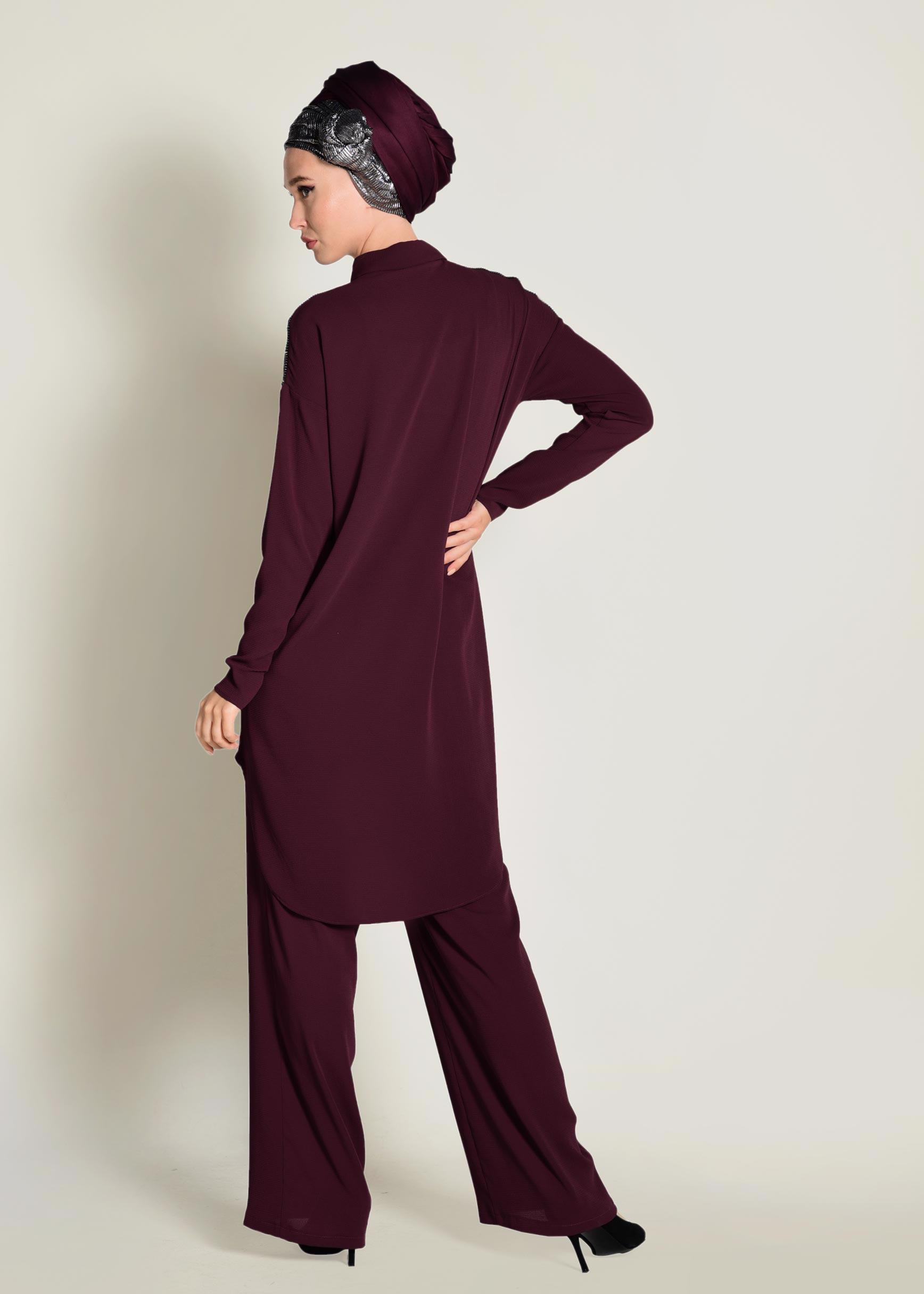 Tesettür giyim BORDO TAŞ İŞLEMELİ 2&prime;Lİ PANTOLONLU TAKIM 4253