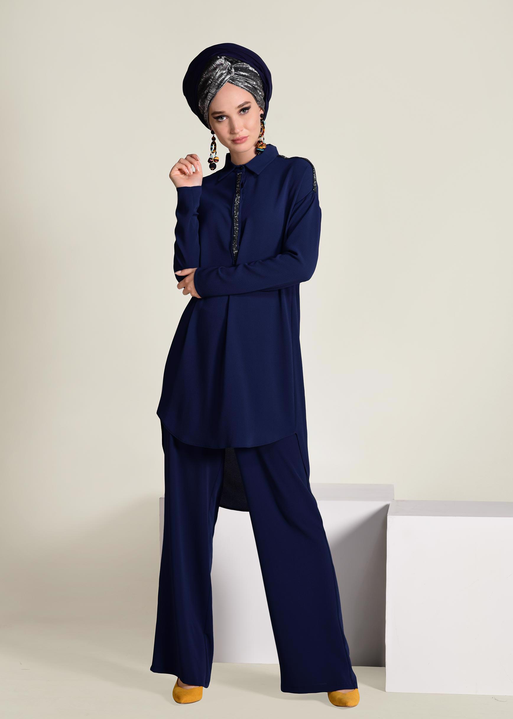 Tesettür giyim LACİVERT TAŞ İŞLEMELİ 2&prime;Lİ PANTOLONLU TAKIM 4253