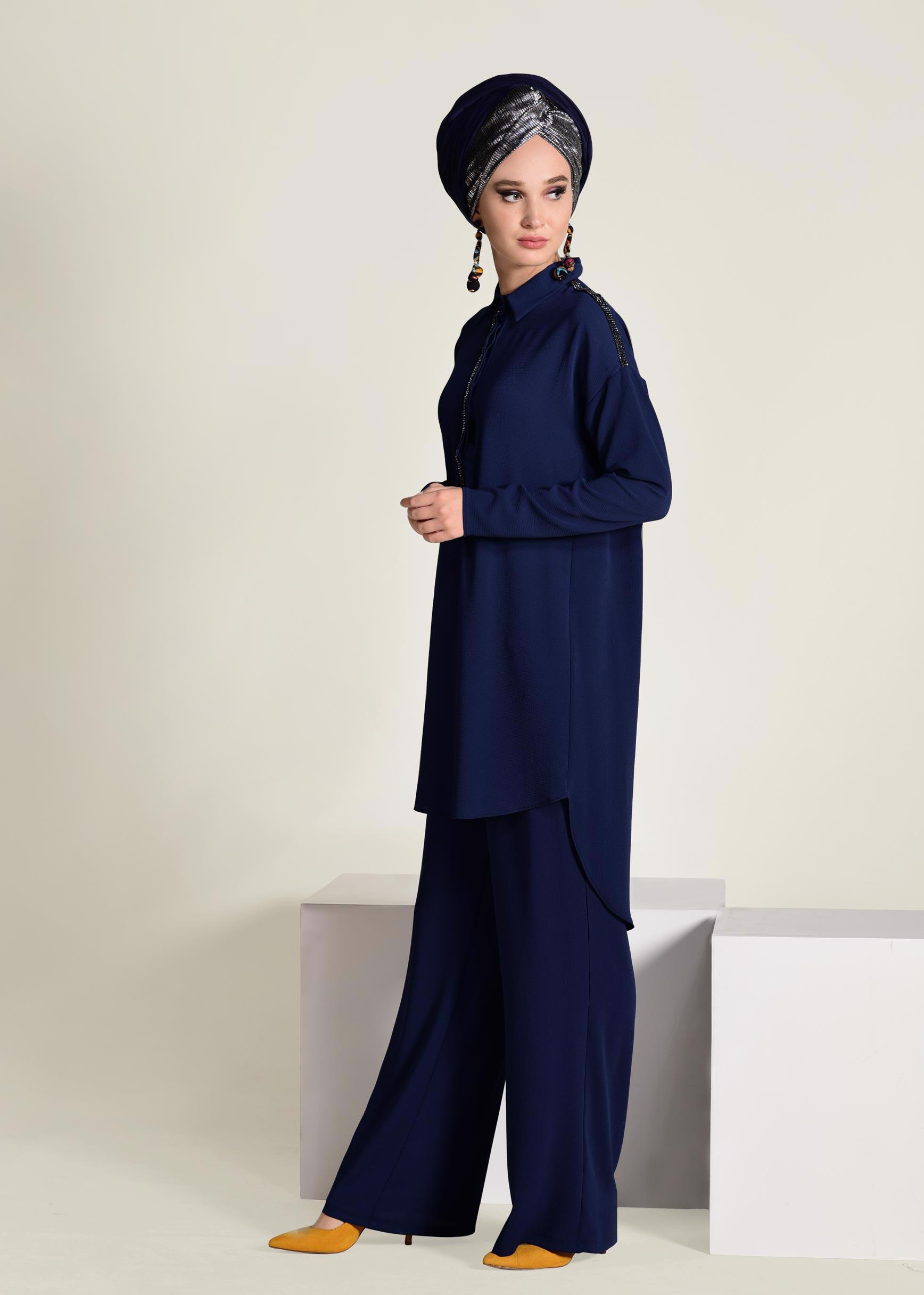 Tesettür giyim LACİVERT TAŞ İŞLEMELİ 2&prime;Lİ PANTOLONLU TAKIM 4253