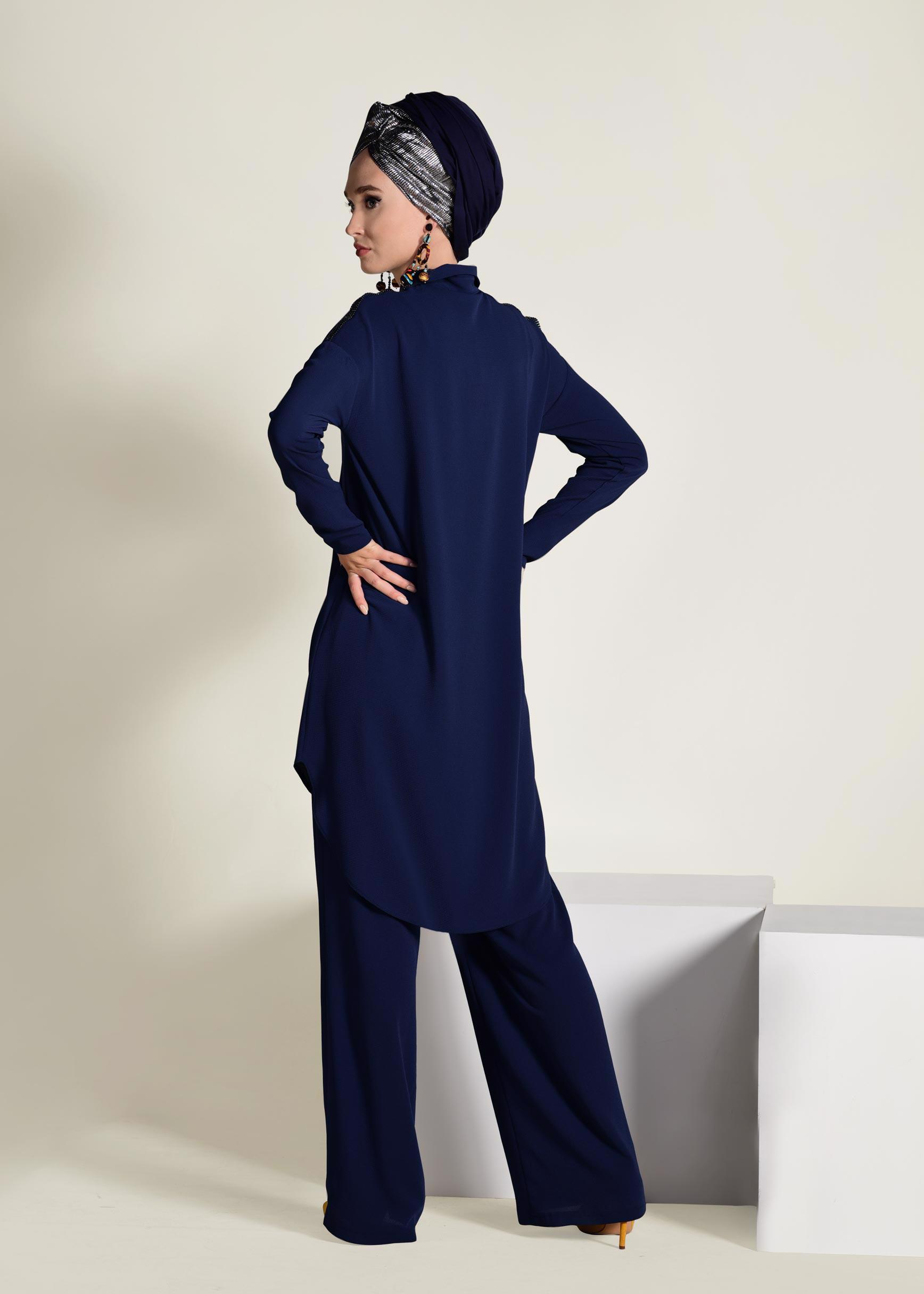 Tesettür giyim LACİVERT TAŞ İŞLEMELİ 2&prime;Lİ PANTOLONLU TAKIM 4253