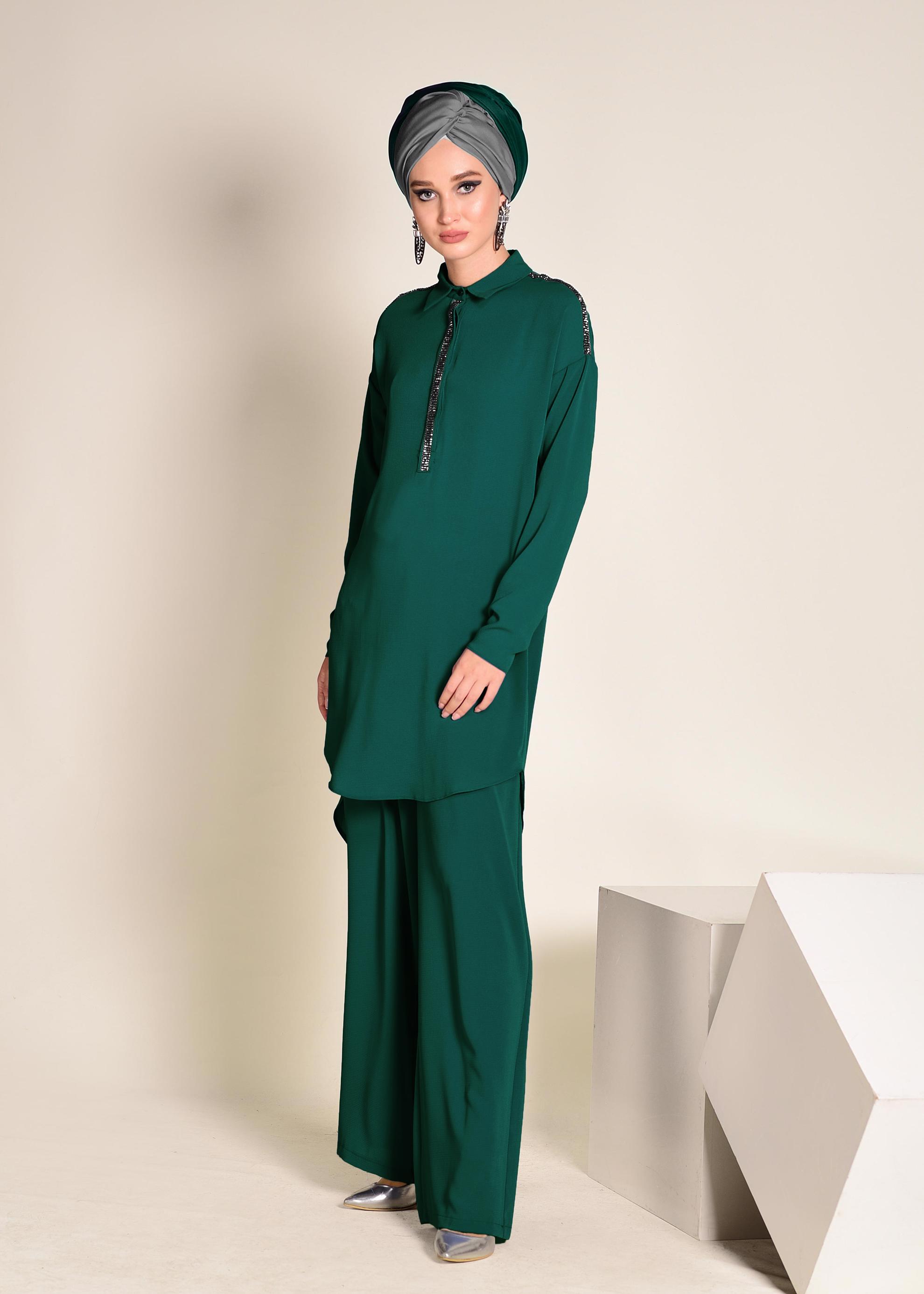 Tesettür giyim YEŞİL TAŞ İŞLEMELİ 2&prime;Lİ PANTOLONLU TAKIM 4253