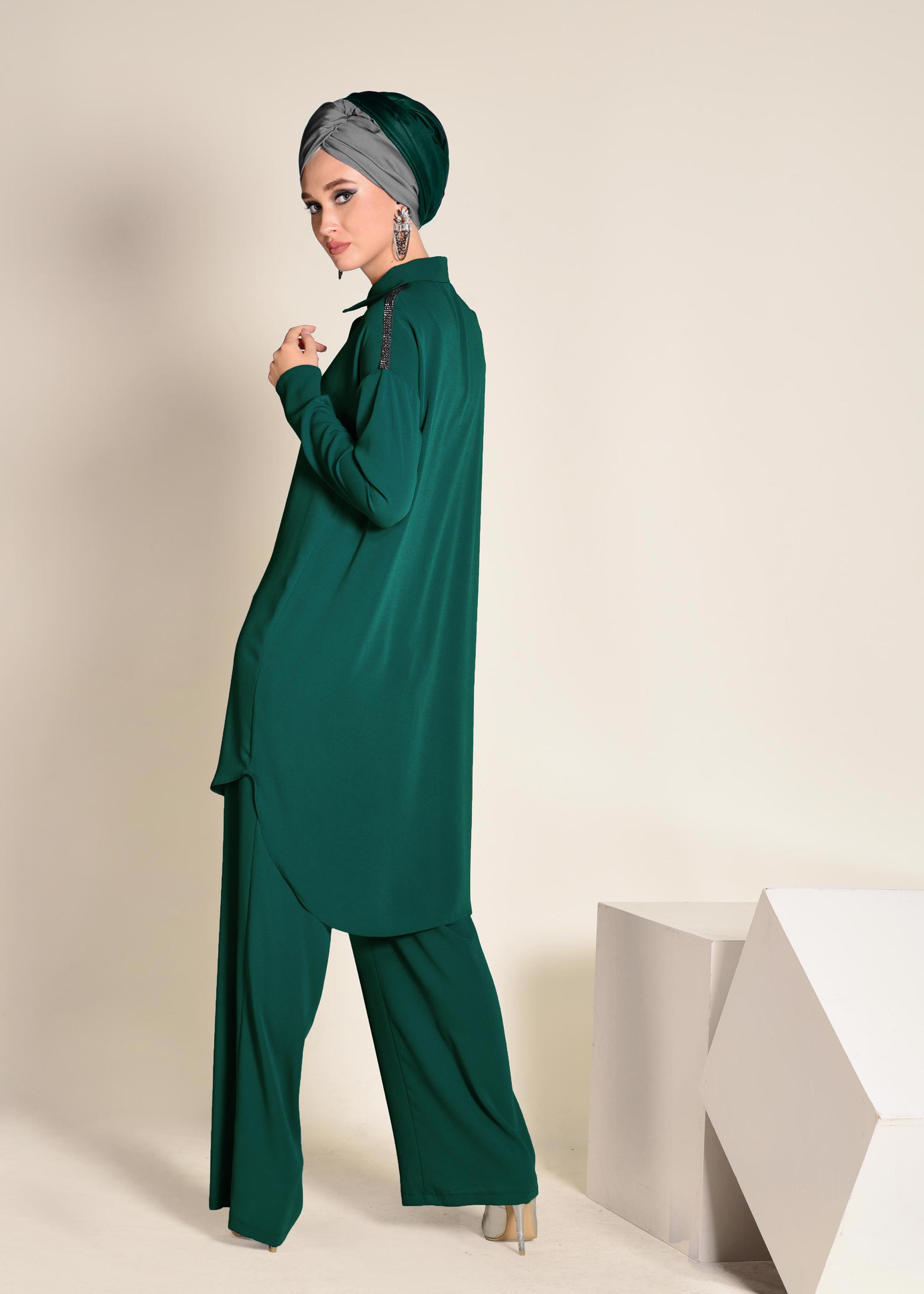 Tesettür giyim YEŞİL TAŞ İŞLEMELİ 2&prime;Lİ PANTOLONLU TAKIM 4253
