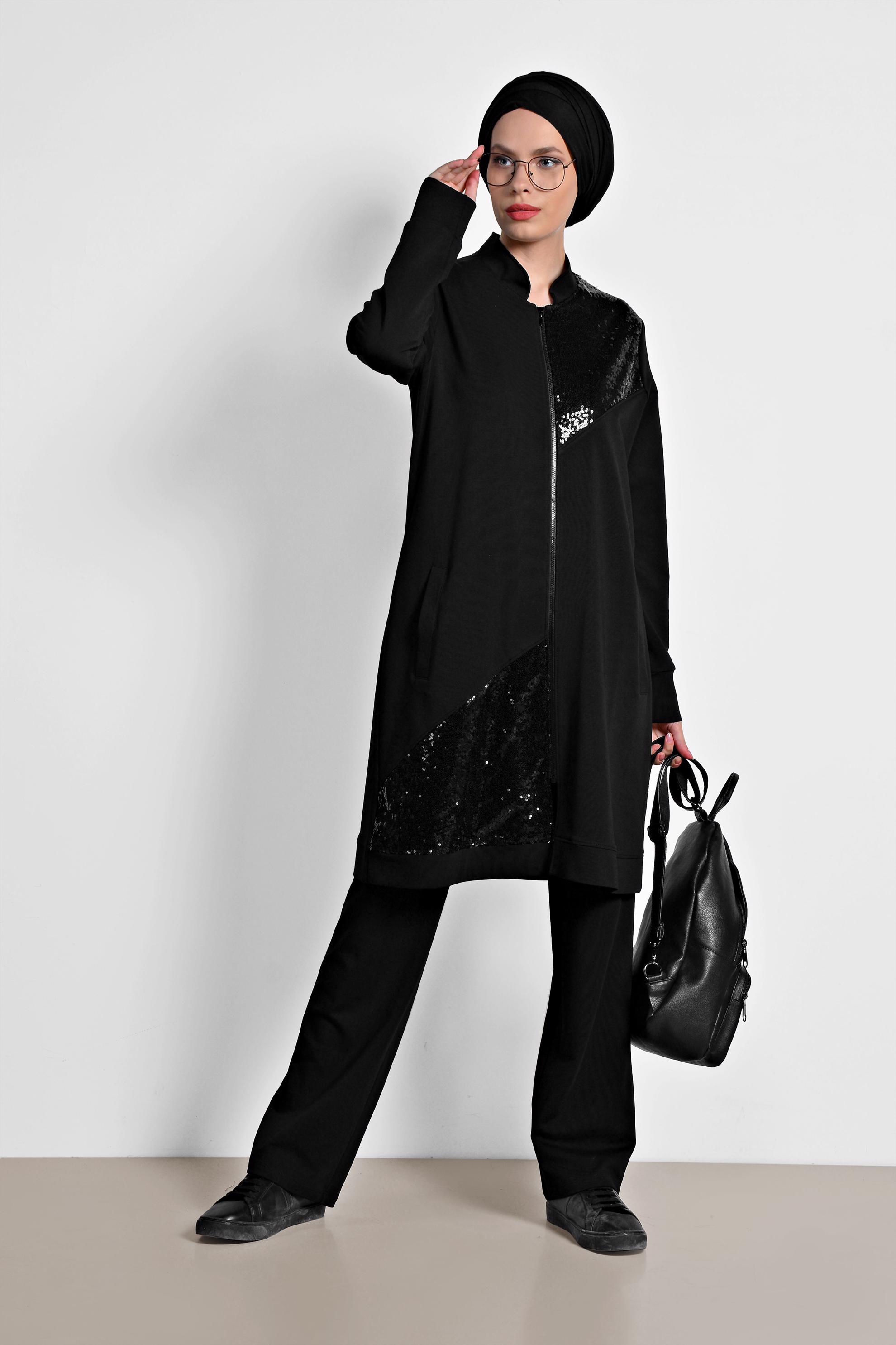 Tesettür giyim SİYAH HAKİM YAKA PUL PAYET DETAYLI İKİLİ PANTOLONLU TAKIM 4276