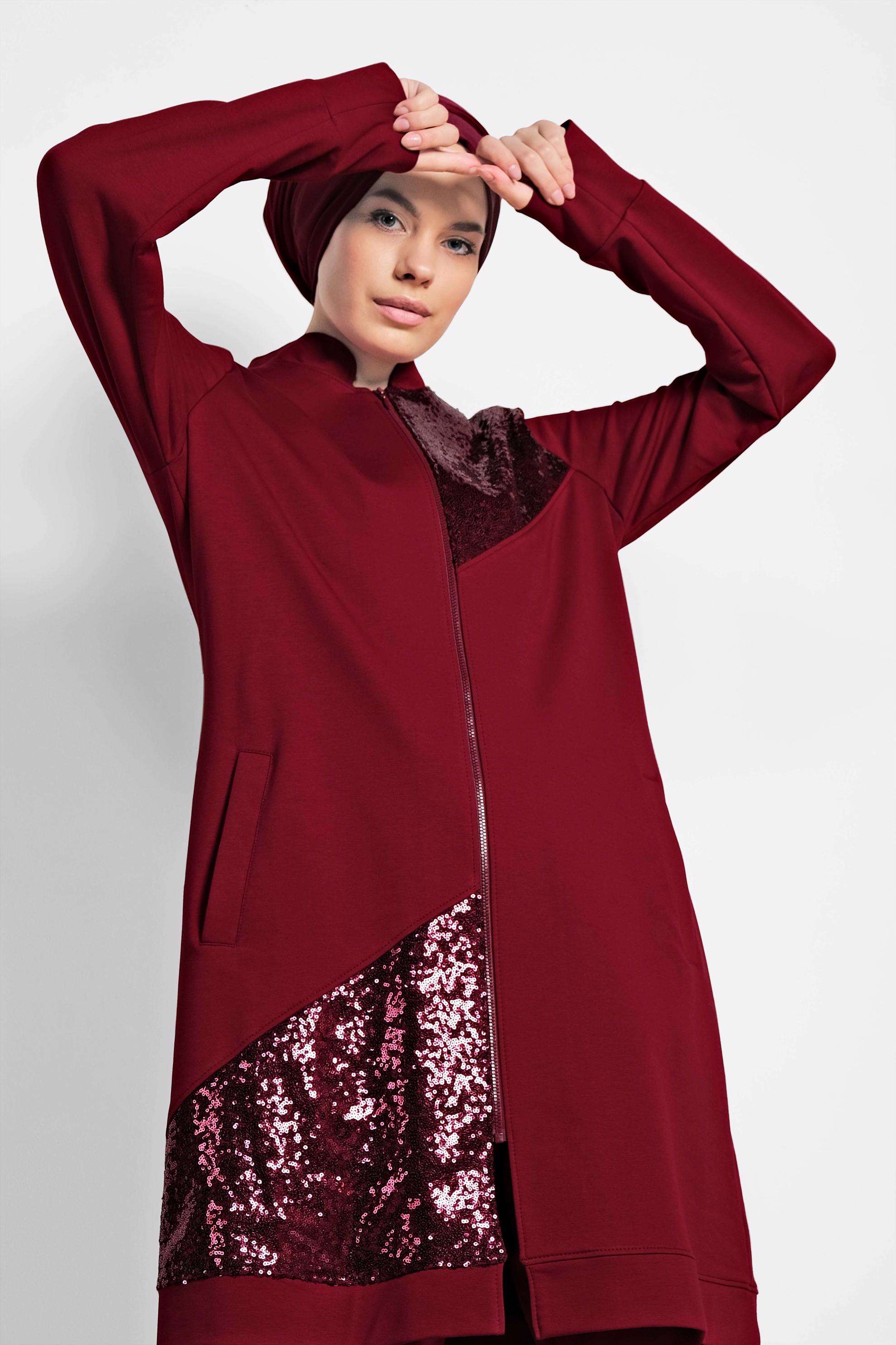 Tesettür giyim BORDO HAKİM YAKA PUL PAYET DETAYLI İKİLİ PANTOLONLU TAKIM 4276