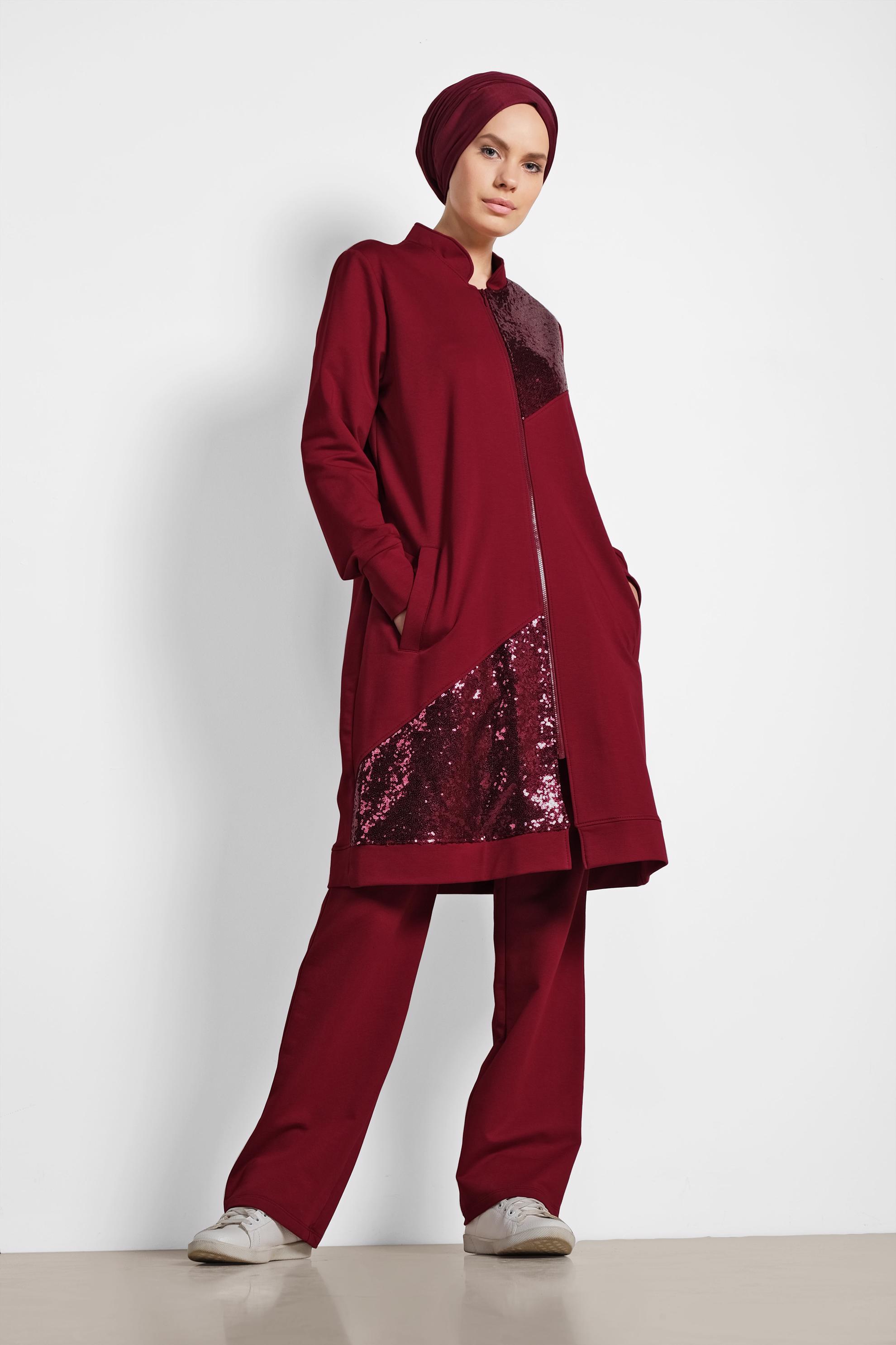 Tesettür giyim BORDO HAKİM YAKA PUL PAYET DETAYLI İKİLİ PANTOLONLU TAKIM 4276