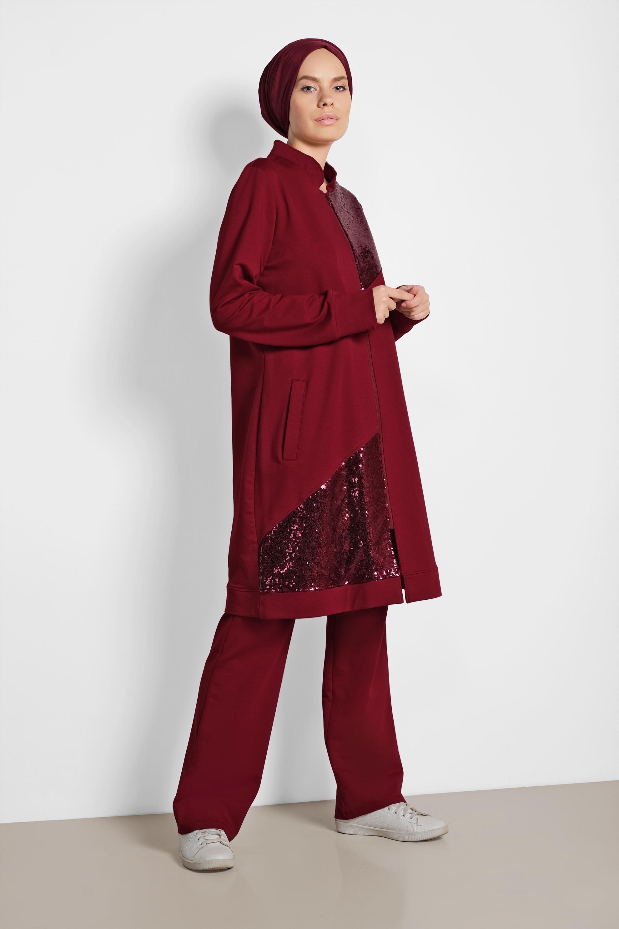 Tesettür giyim BORDO HAKİM YAKA PUL PAYET DETAYLI İKİLİ PANTOLONLU TAKIM 4276