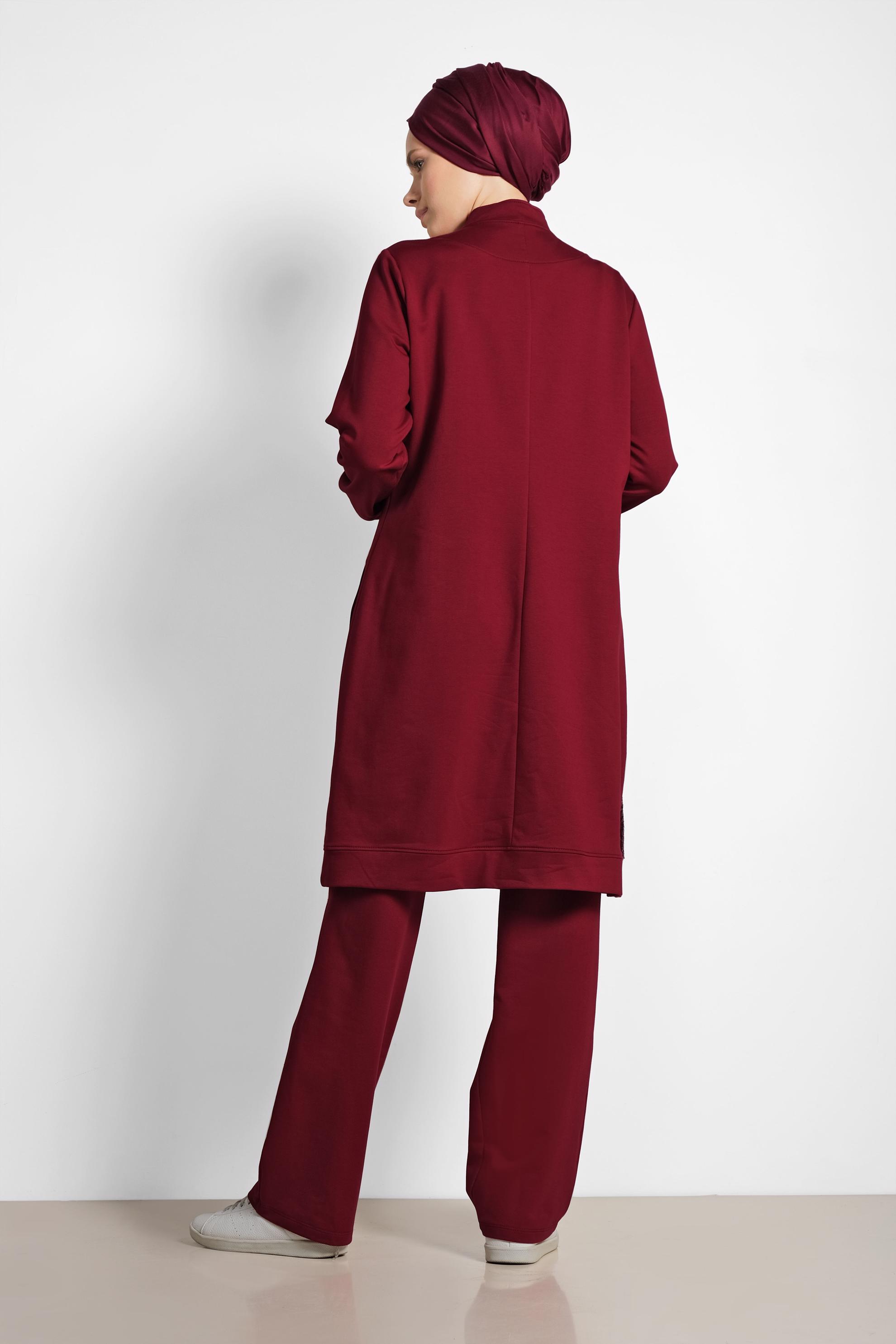 Tesettür giyim BORDO HAKİM YAKA PUL PAYET DETAYLI İKİLİ PANTOLONLU TAKIM 4276