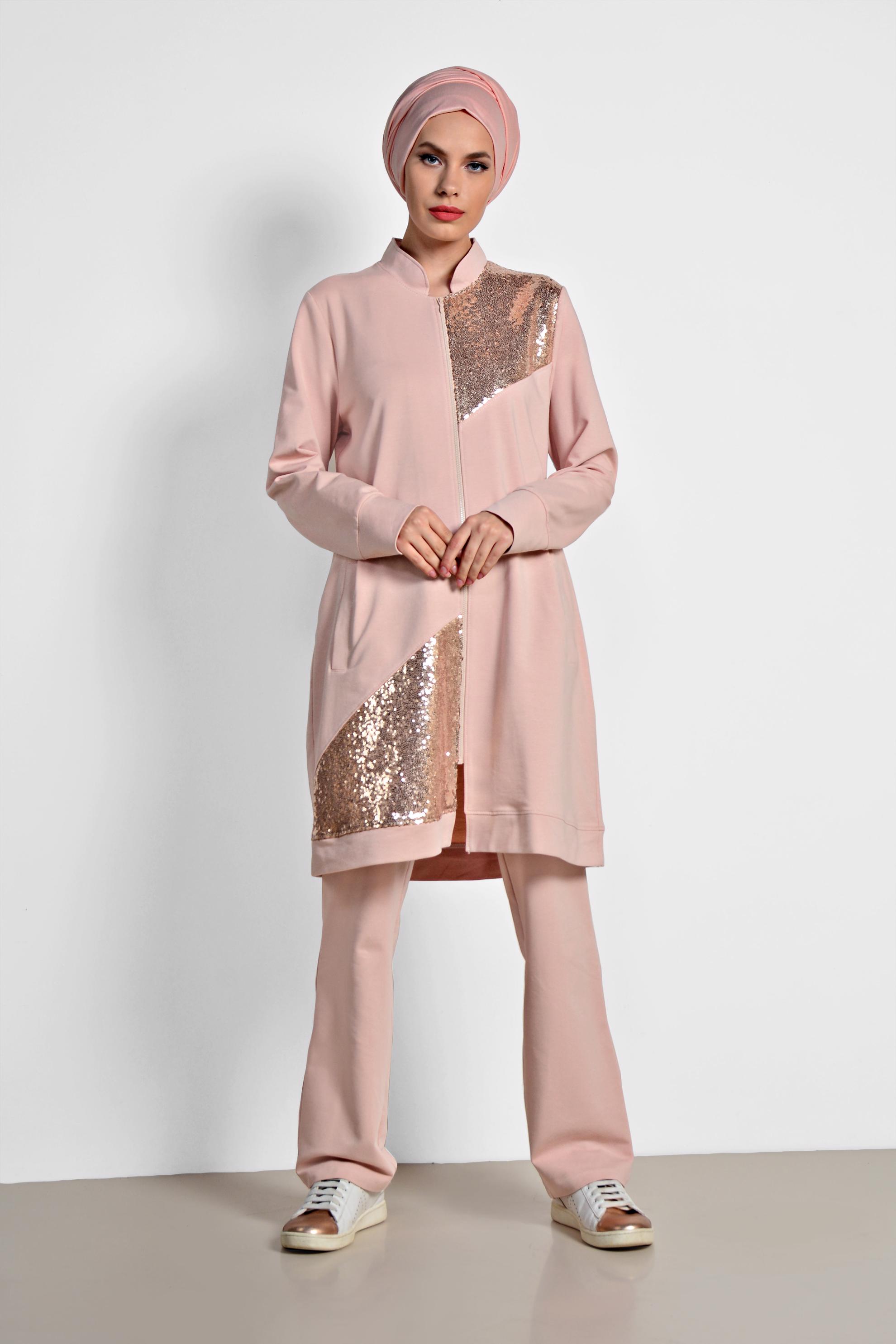 Tesettür giyim PUDRA HAKİM YAKA PUL PAYET DETAYLI İKİLİ PANTOLONLU TAKIM 4276