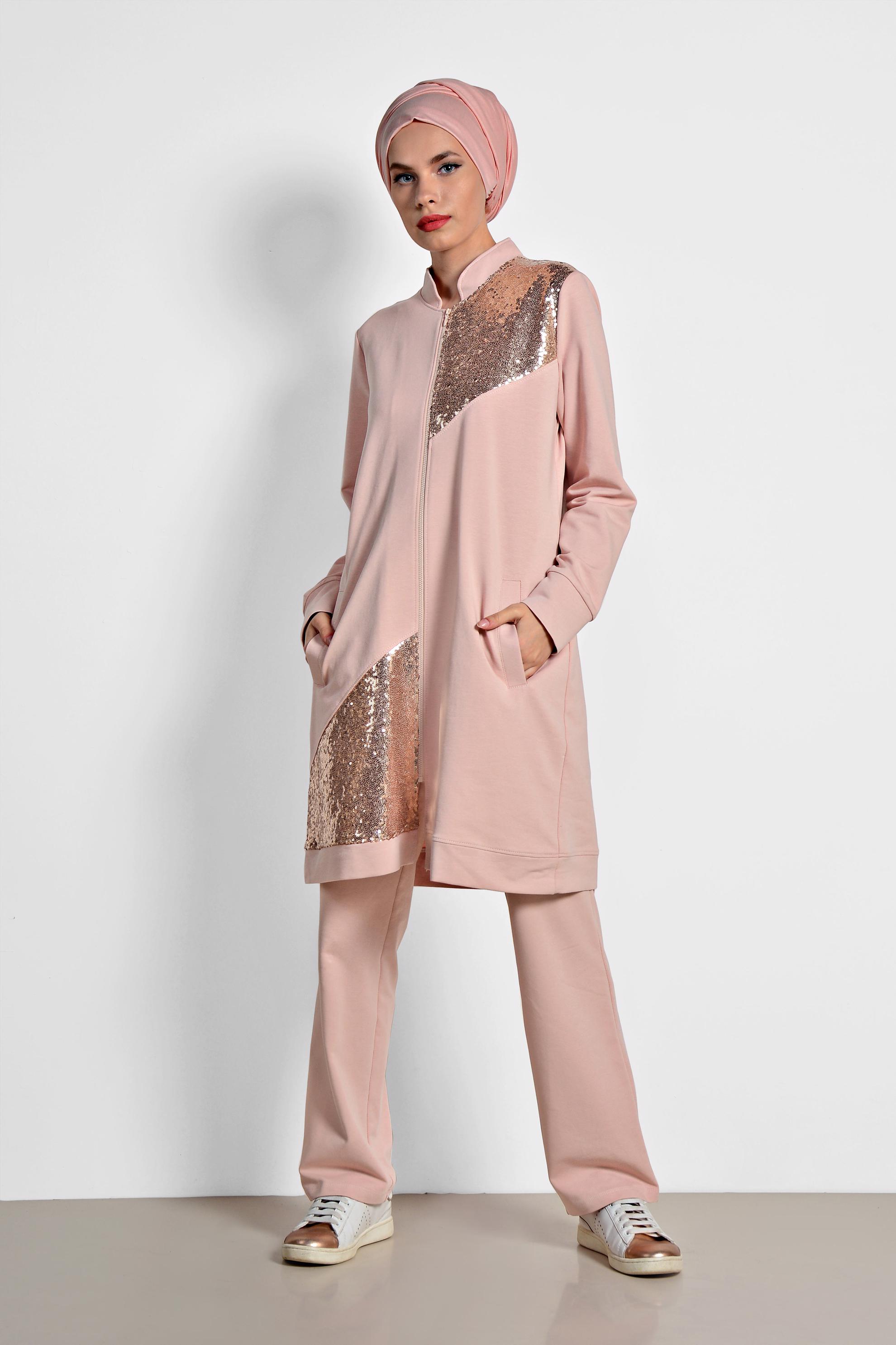 Tesettür giyim PUDRA HAKİM YAKA PUL PAYET DETAYLI İKİLİ PANTOLONLU TAKIM 4276