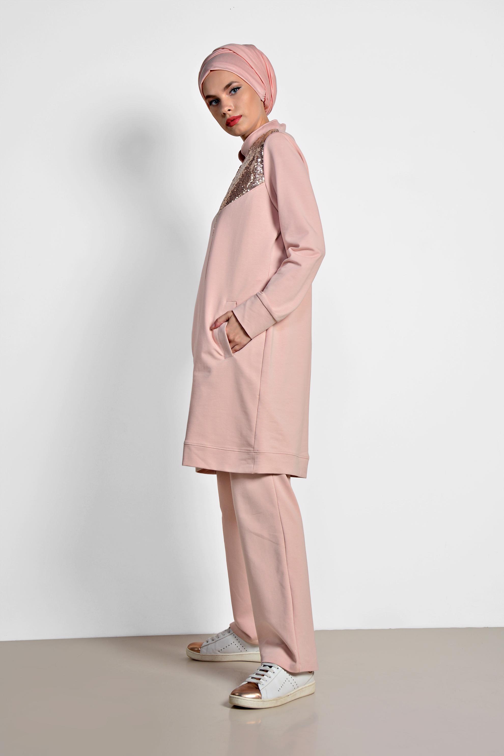 Tesettür giyim PUDRA HAKİM YAKA PUL PAYET DETAYLI İKİLİ PANTOLONLU TAKIM 4276