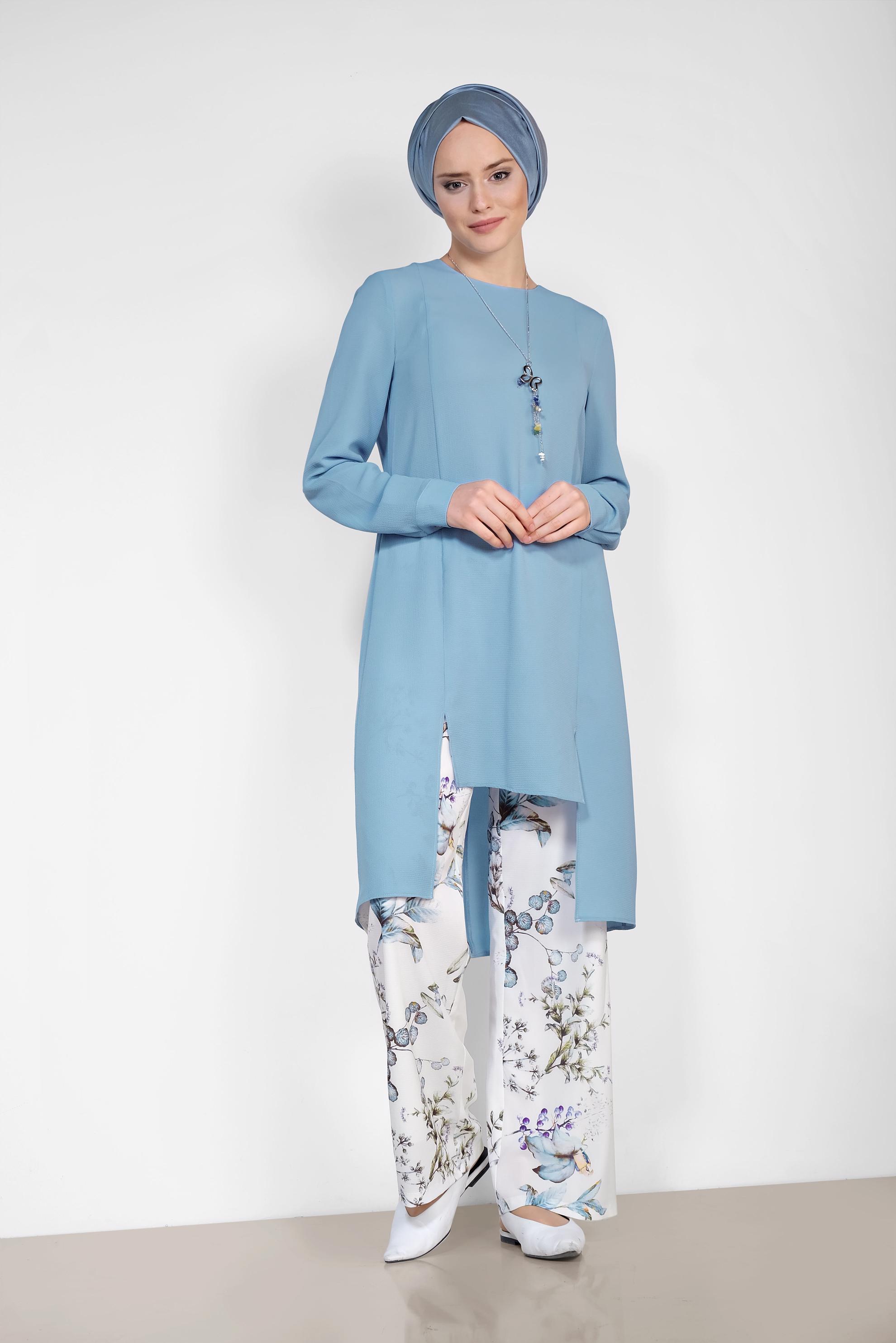 Tesettür giyim MAVİ FLORAL DESENLİ İKİLİ PANTOLONLU TAKIM 4294
