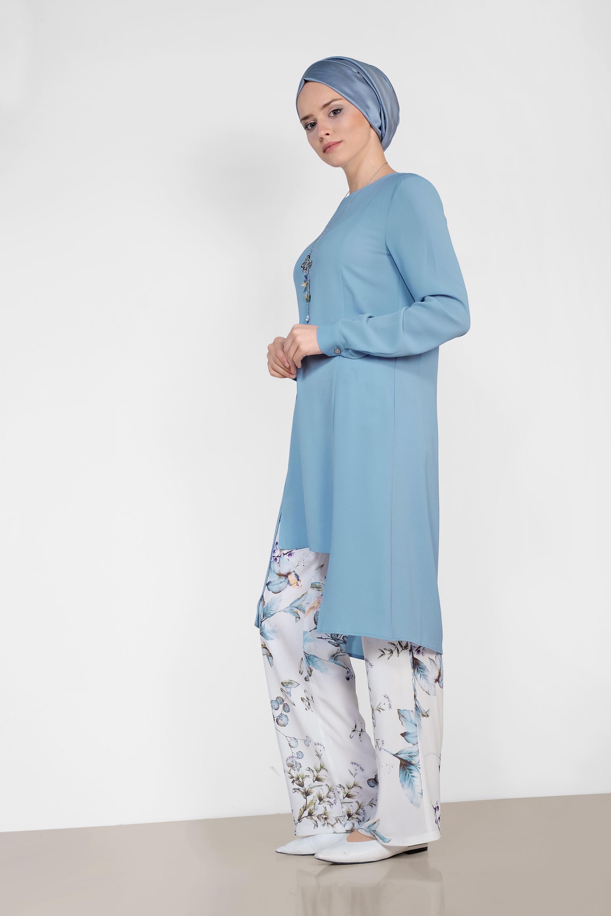 Tesettür giyim MAVİ FLORAL DESENLİ İKİLİ PANTOLONLU TAKIM 4294
