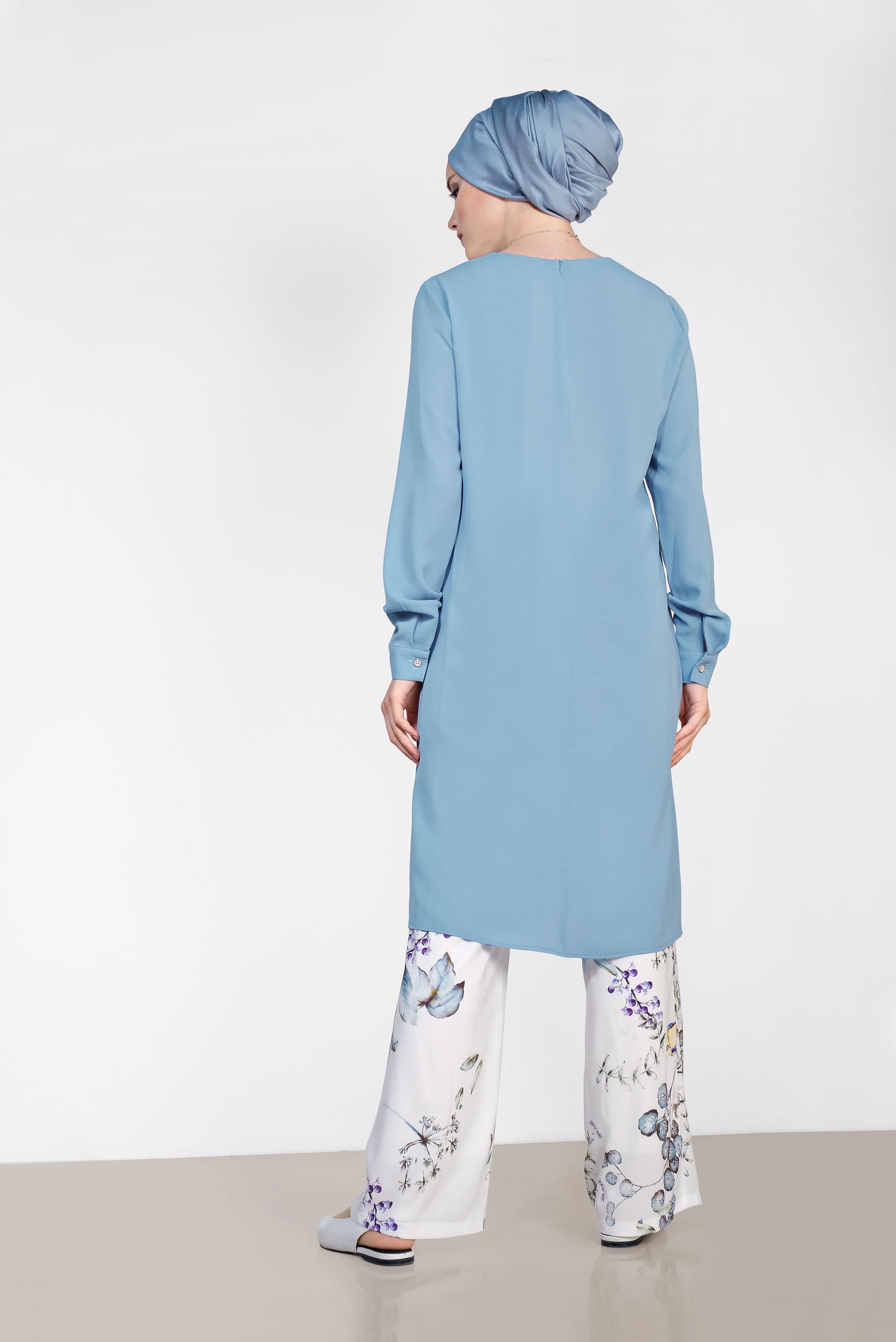 Tesettür giyim MAVİ FLORAL DESENLİ İKİLİ PANTOLONLU TAKIM 4294