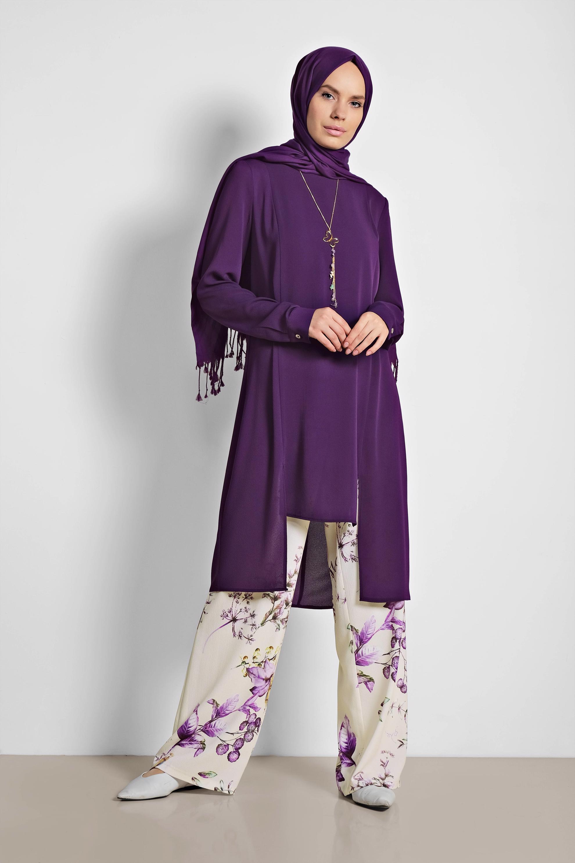 Tesettür giyim MOR FLORAL DESENLİ İKİLİ PANTOLONLU TAKIM 4294