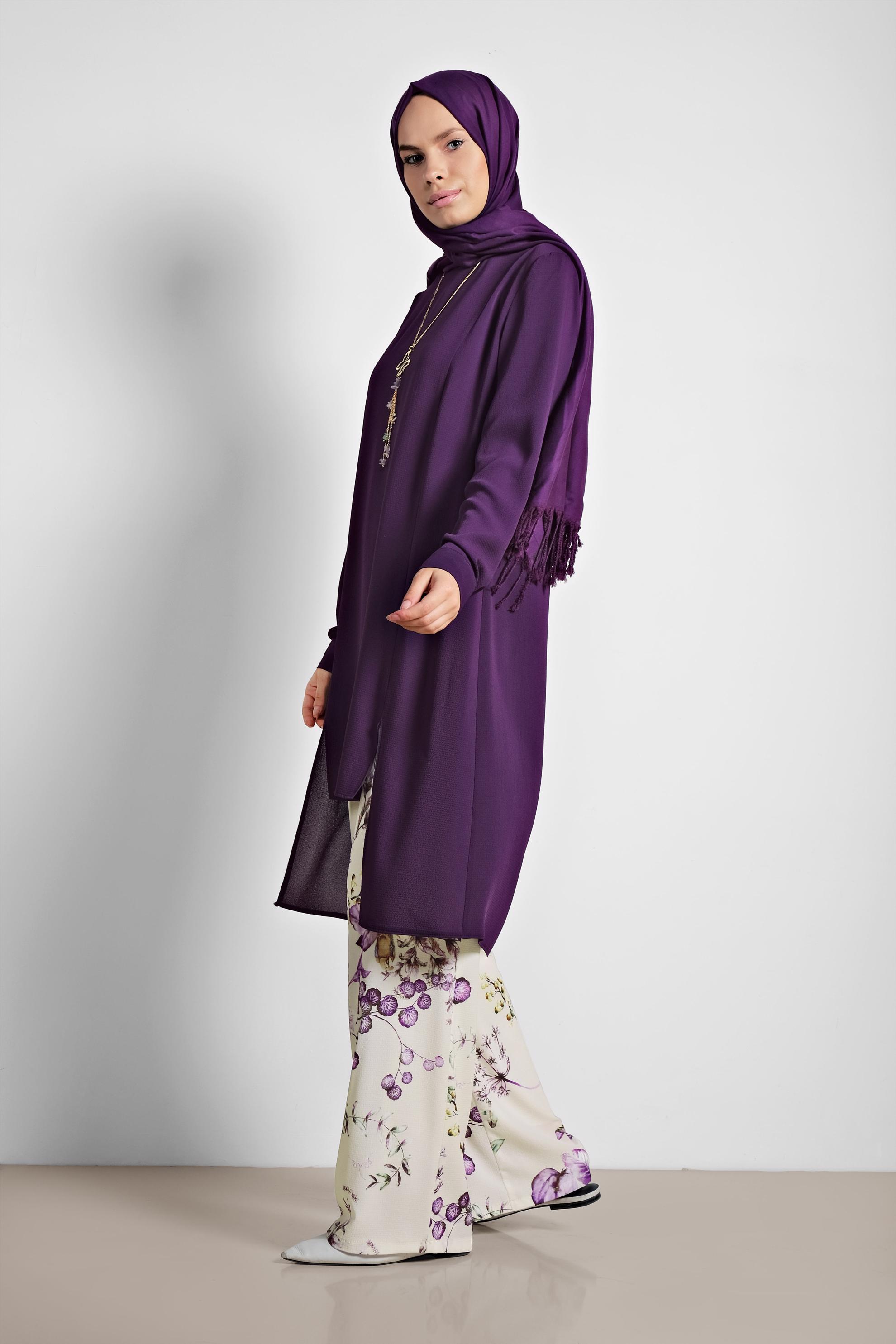 Tesettür giyim MOR FLORAL DESENLİ İKİLİ PANTOLONLU TAKIM 4294