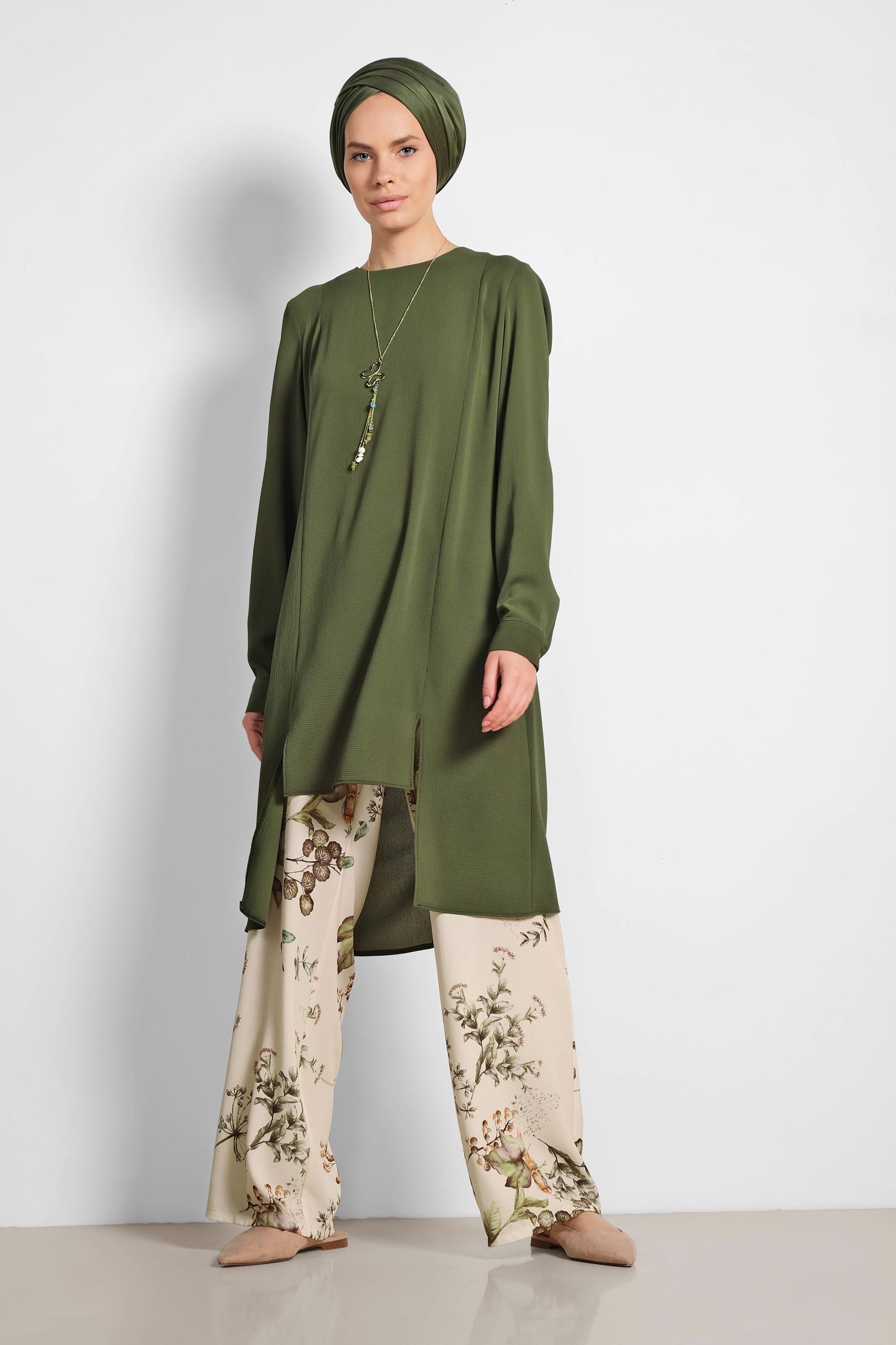 Tesettür giyim HAKİ FLORAL DESENLİ İKİLİ PANTOLONLU TAKIM 4294