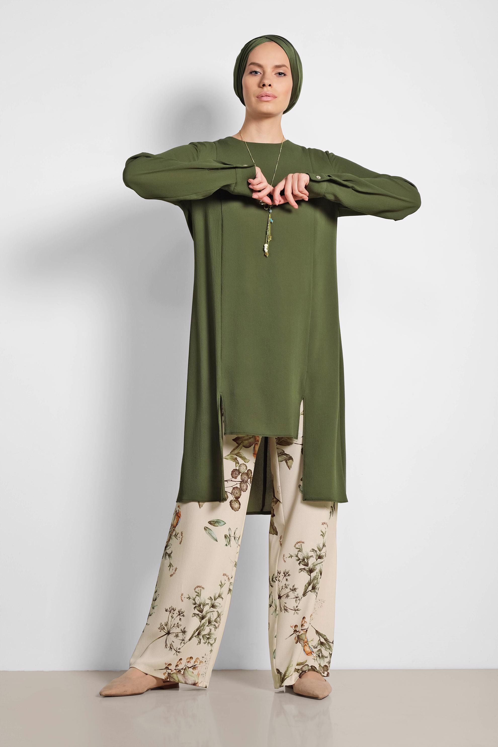 Tesettür giyim HAKİ FLORAL DESENLİ İKİLİ PANTOLONLU TAKIM 4294