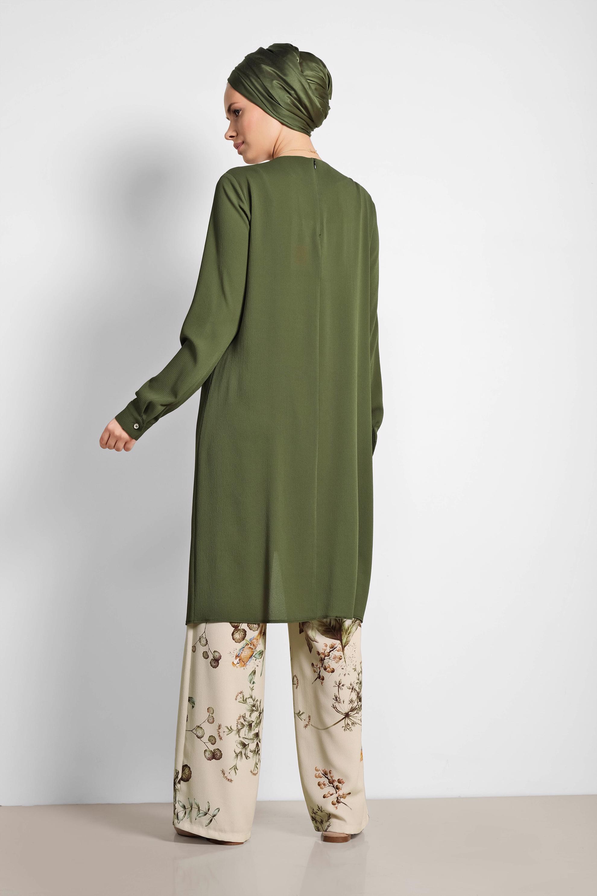 Tesettür giyim HAKİ FLORAL DESENLİ İKİLİ PANTOLONLU TAKIM 4294