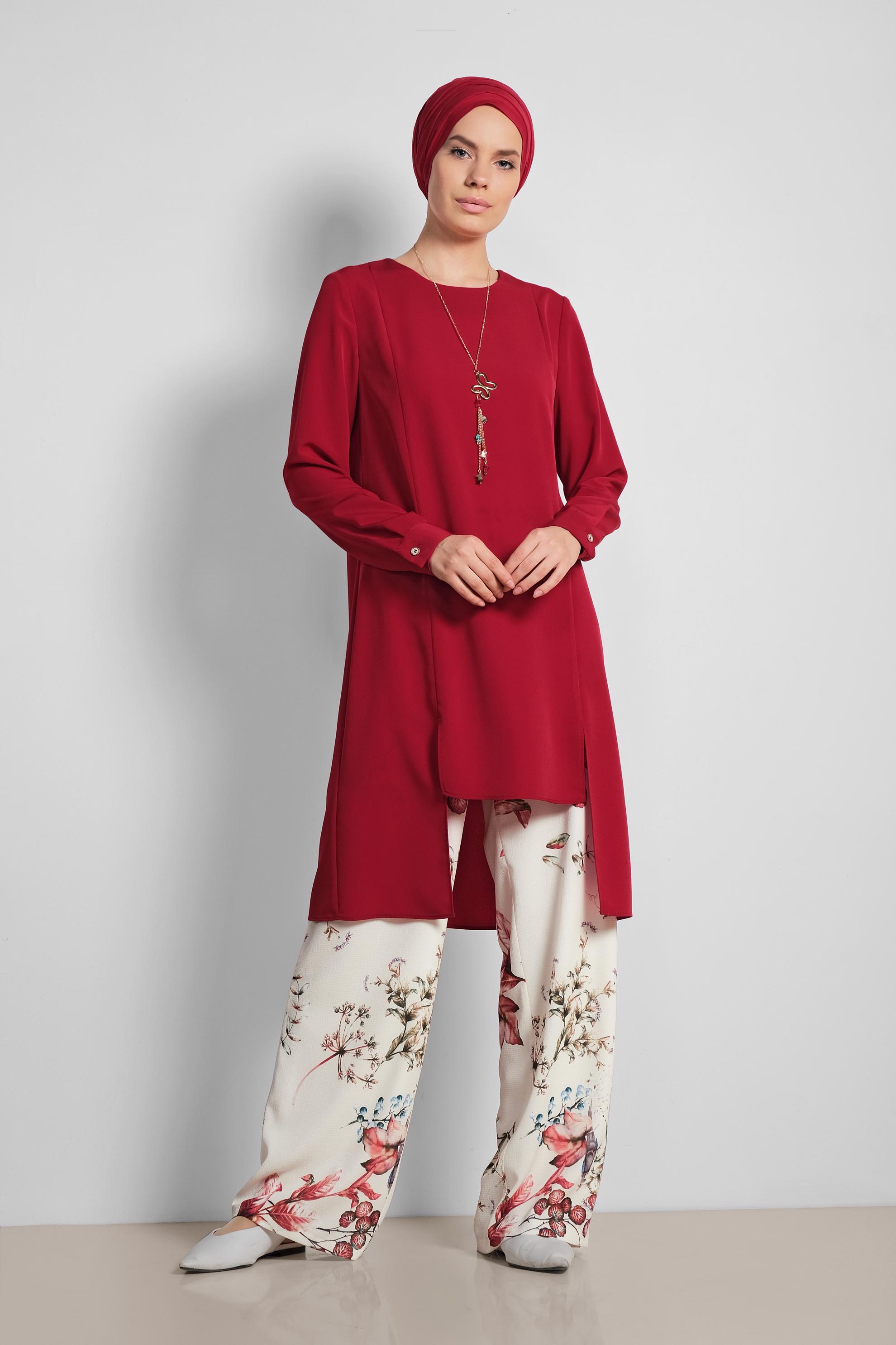 Tesettür giyim TURUNCU FLORAL DESENLİ İKİLİ PANTOLONLU TAKIM 4294