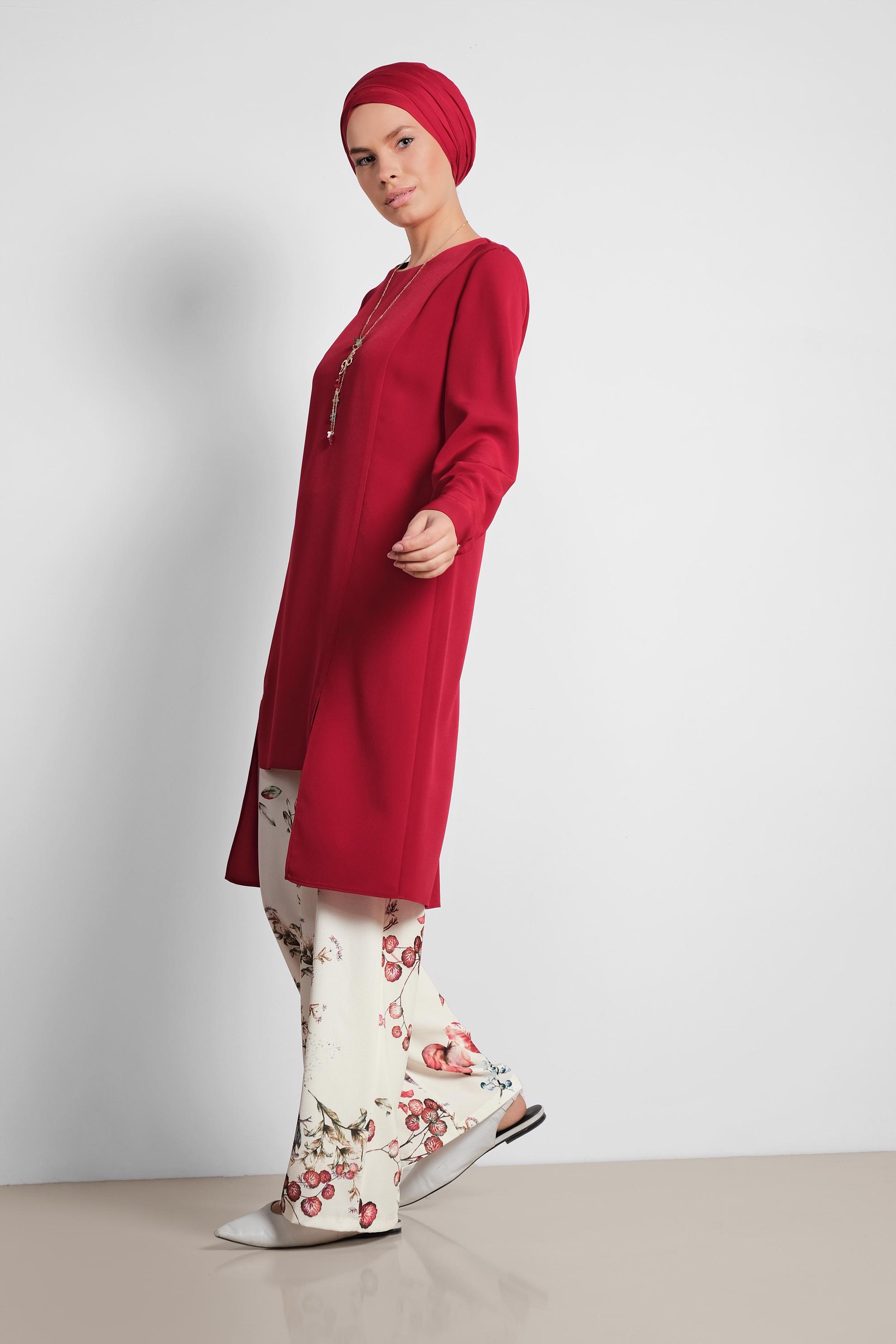 Tesettür giyim TURUNCU FLORAL DESENLİ İKİLİ PANTOLONLU TAKIM 4294