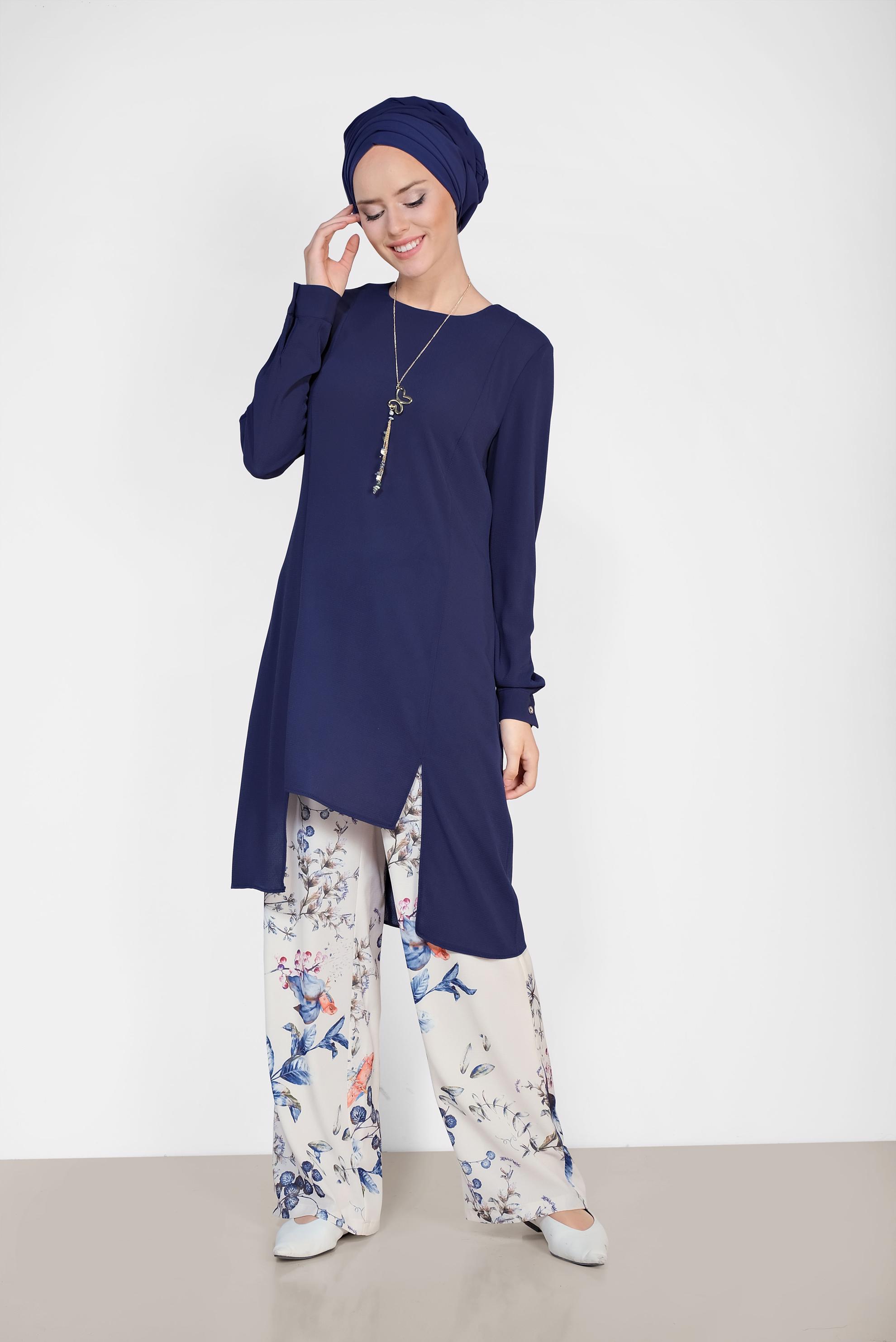 Tesettür giyim LACİVERT FLORAL DESENLİ İKİLİ PANTOLONLU TAKIM 4294