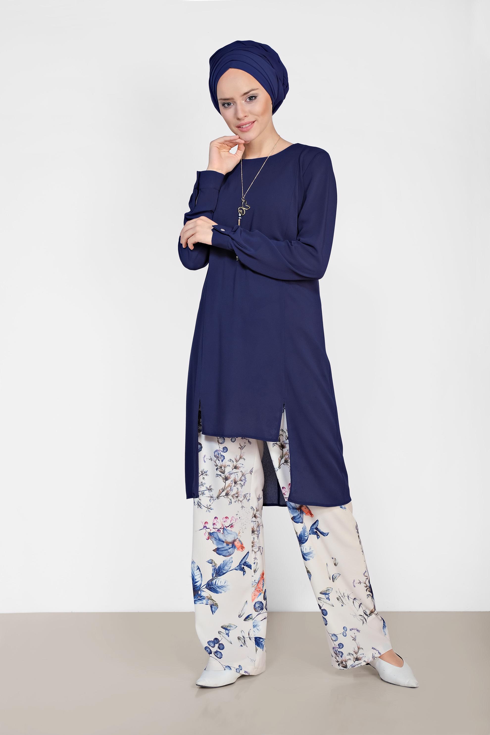 Tesettür giyim LACİVERT FLORAL DESENLİ İKİLİ PANTOLONLU TAKIM 4294