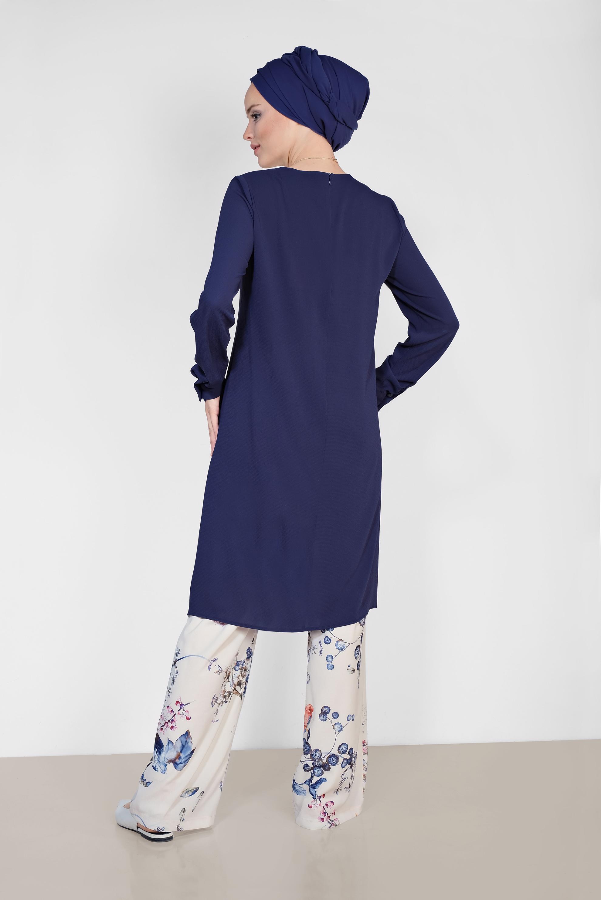 Tesettür giyim LACİVERT FLORAL DESENLİ İKİLİ PANTOLONLU TAKIM 4294