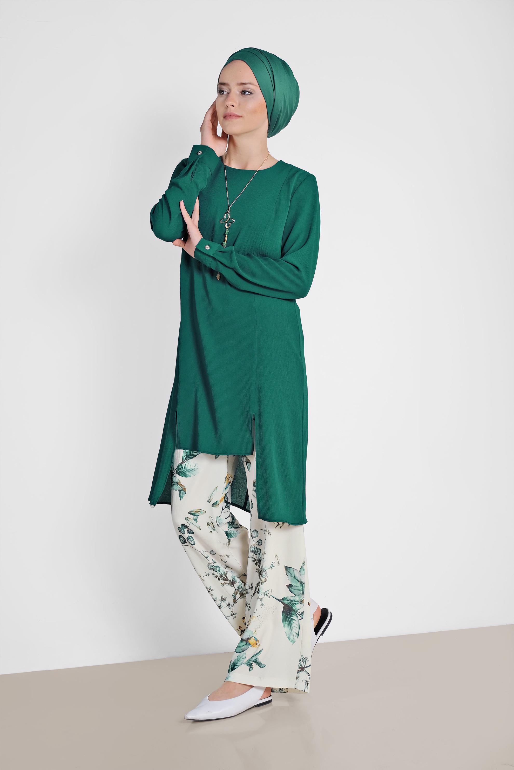 Tesettür giyim YEŞİL FLORAL DESENLİ İKİLİ PANTOLONLU TAKIM 4294