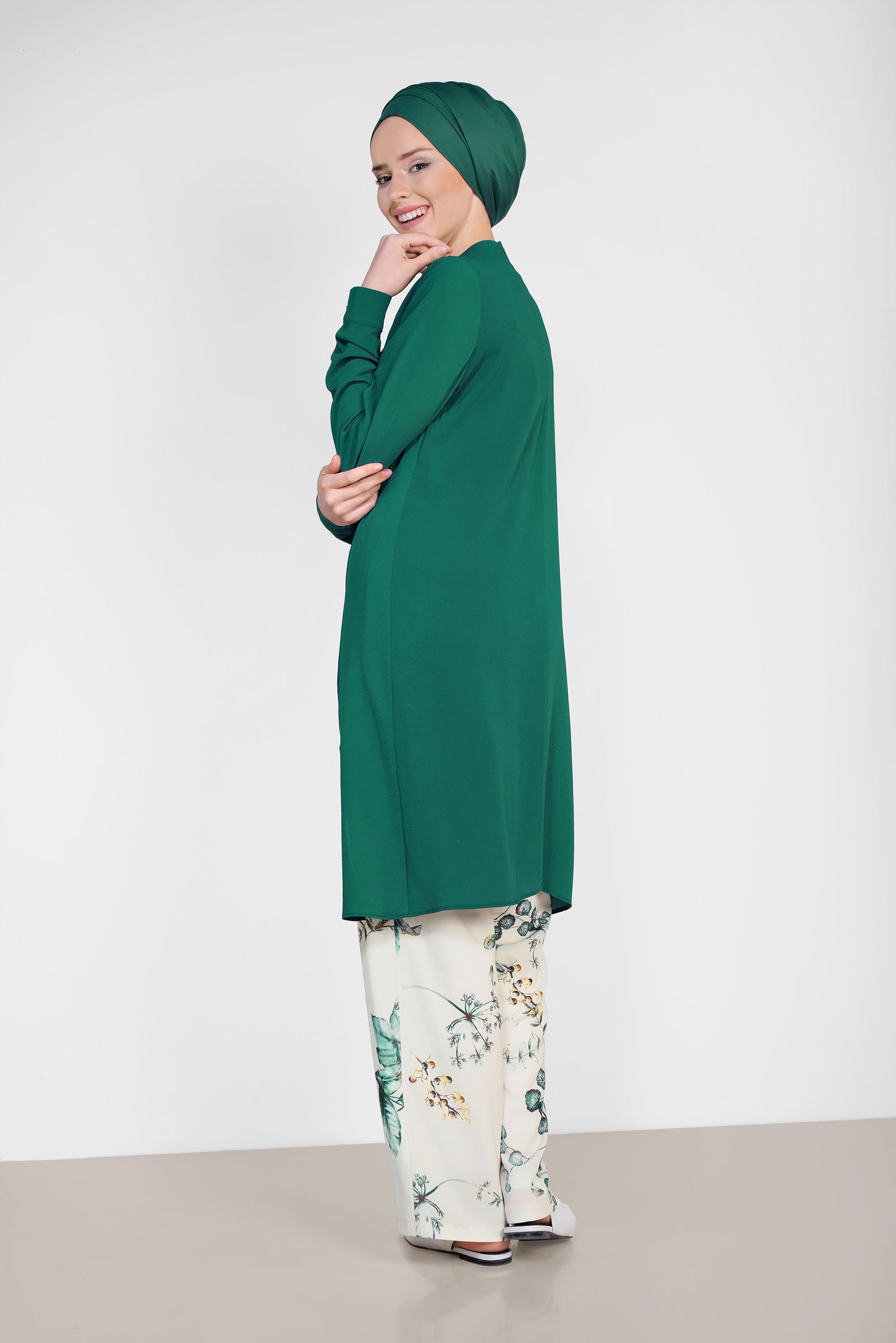 Tesettür giyim YEŞİL FLORAL DESENLİ İKİLİ PANTOLONLU TAKIM 4294