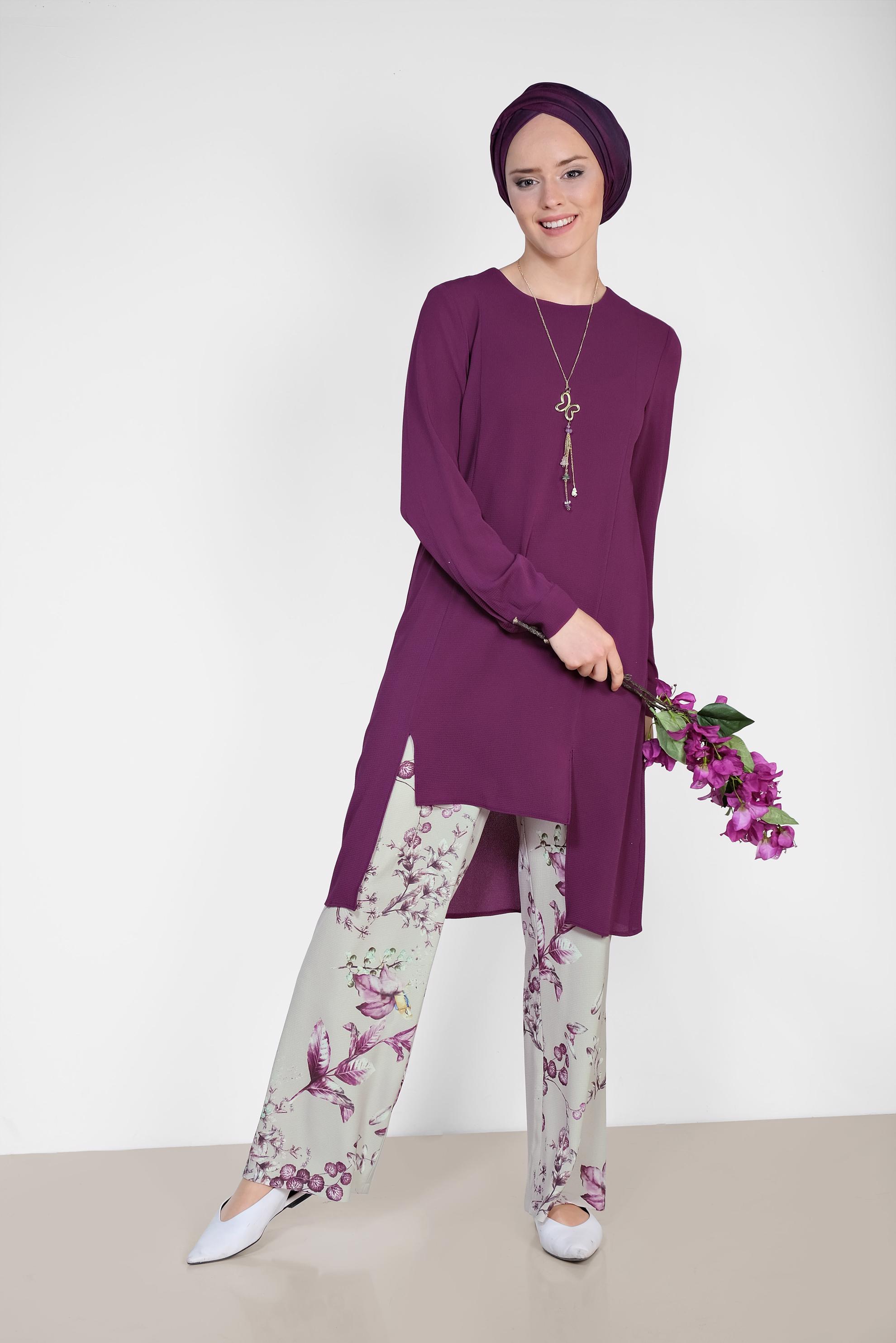 Tesettür giyim GRİ FLORAL DESENLİ İKİLİ PANTOLONLU TAKIM 4294