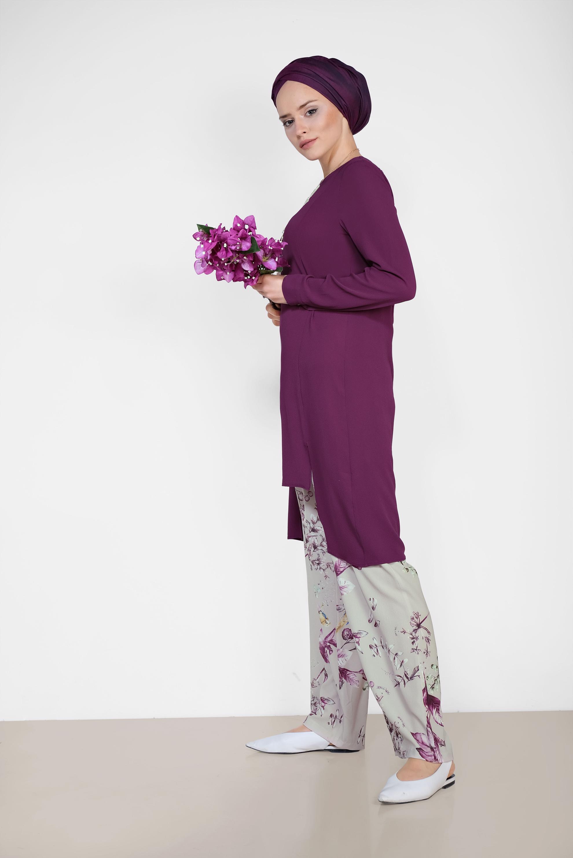 Tesettür giyim GRİ FLORAL DESENLİ İKİLİ PANTOLONLU TAKIM 4294