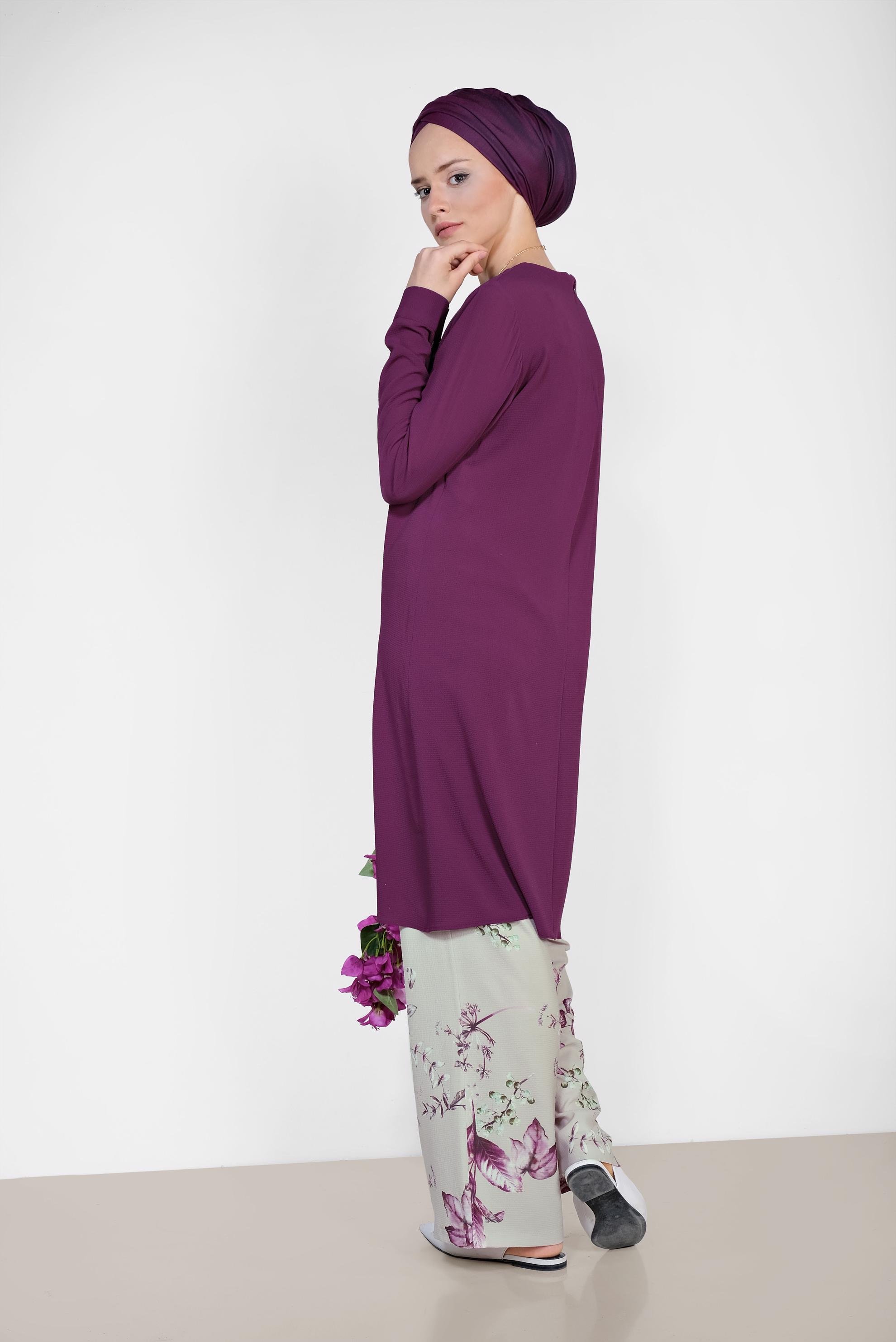 Tesettür giyim GRİ FLORAL DESENLİ İKİLİ PANTOLONLU TAKIM 4294