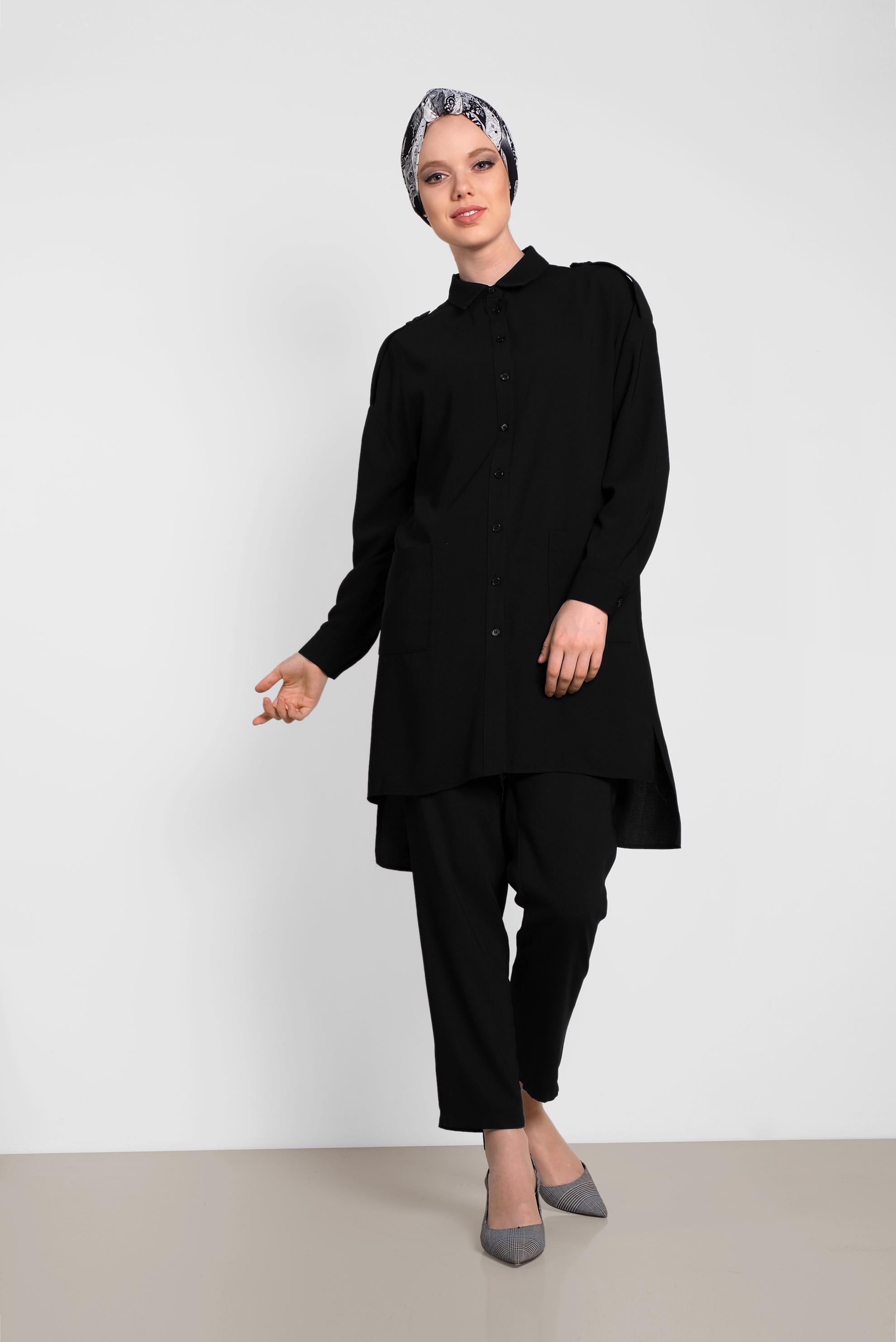 Tesettür giyim SİYAH DÜĞMELİ CEP DETAYLI İKİLİ PANTOLONLU TAKIM 4322 