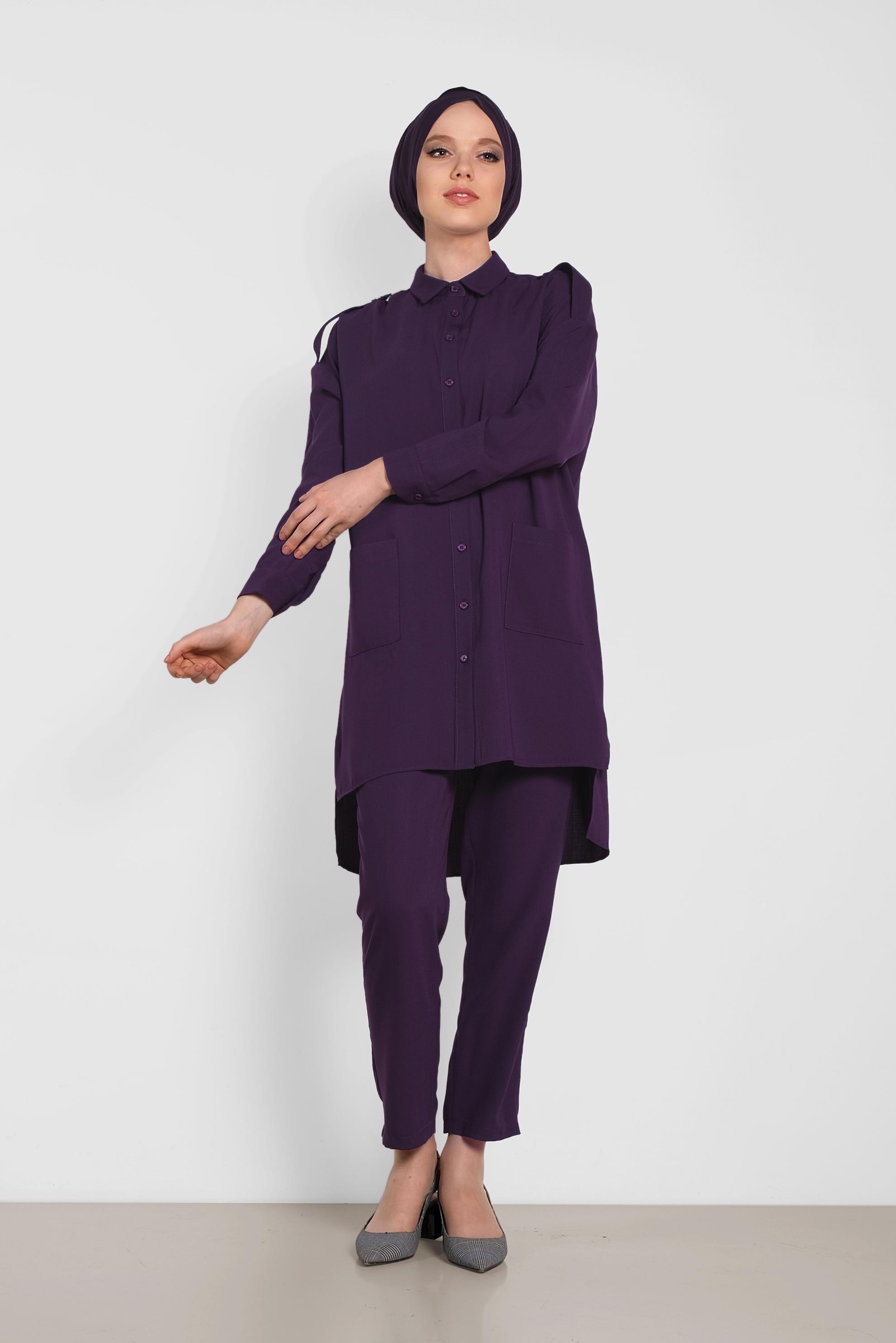Tesettür giyim MOR DÜĞMELİ CEP DETAYLI İKİLİ PANTOLONLU TAKIM 4322 