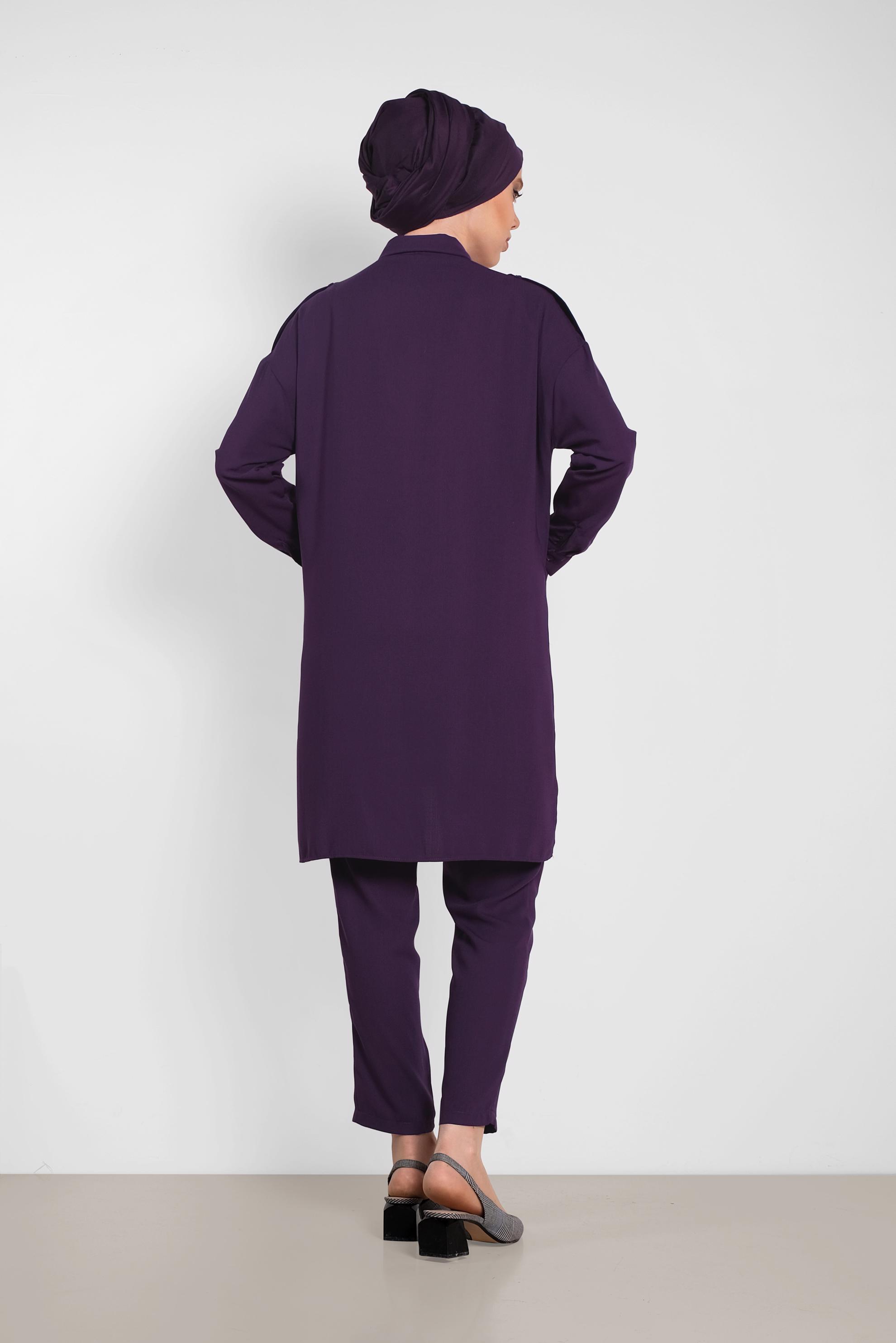 Tesettür giyim MOR DÜĞMELİ CEP DETAYLI İKİLİ PANTOLONLU TAKIM 4322 