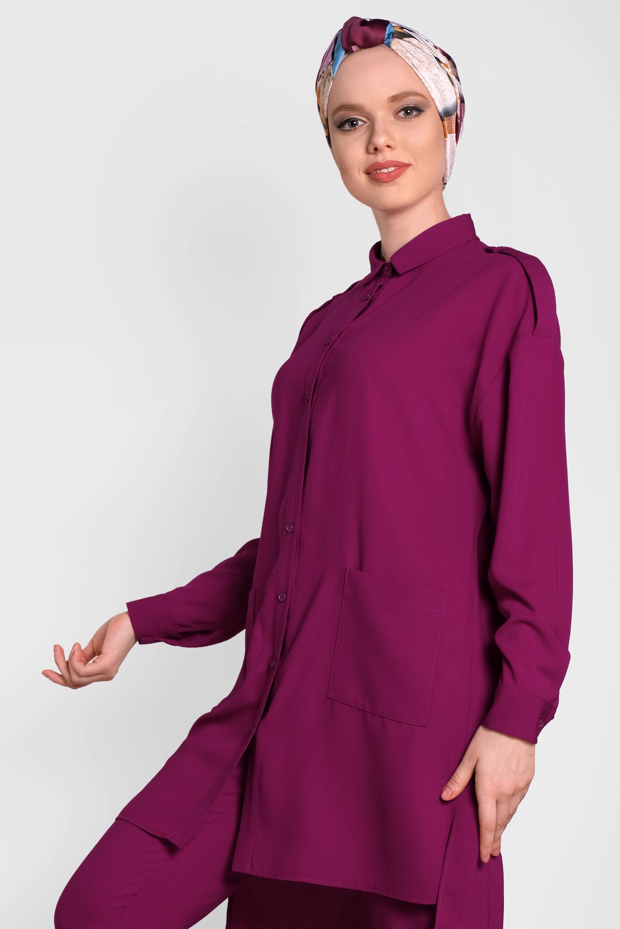 Tesettür giyim MOR DÜĞMELİ CEP DETAYLI İKİLİ PANTOLONLU TAKIM 4322 