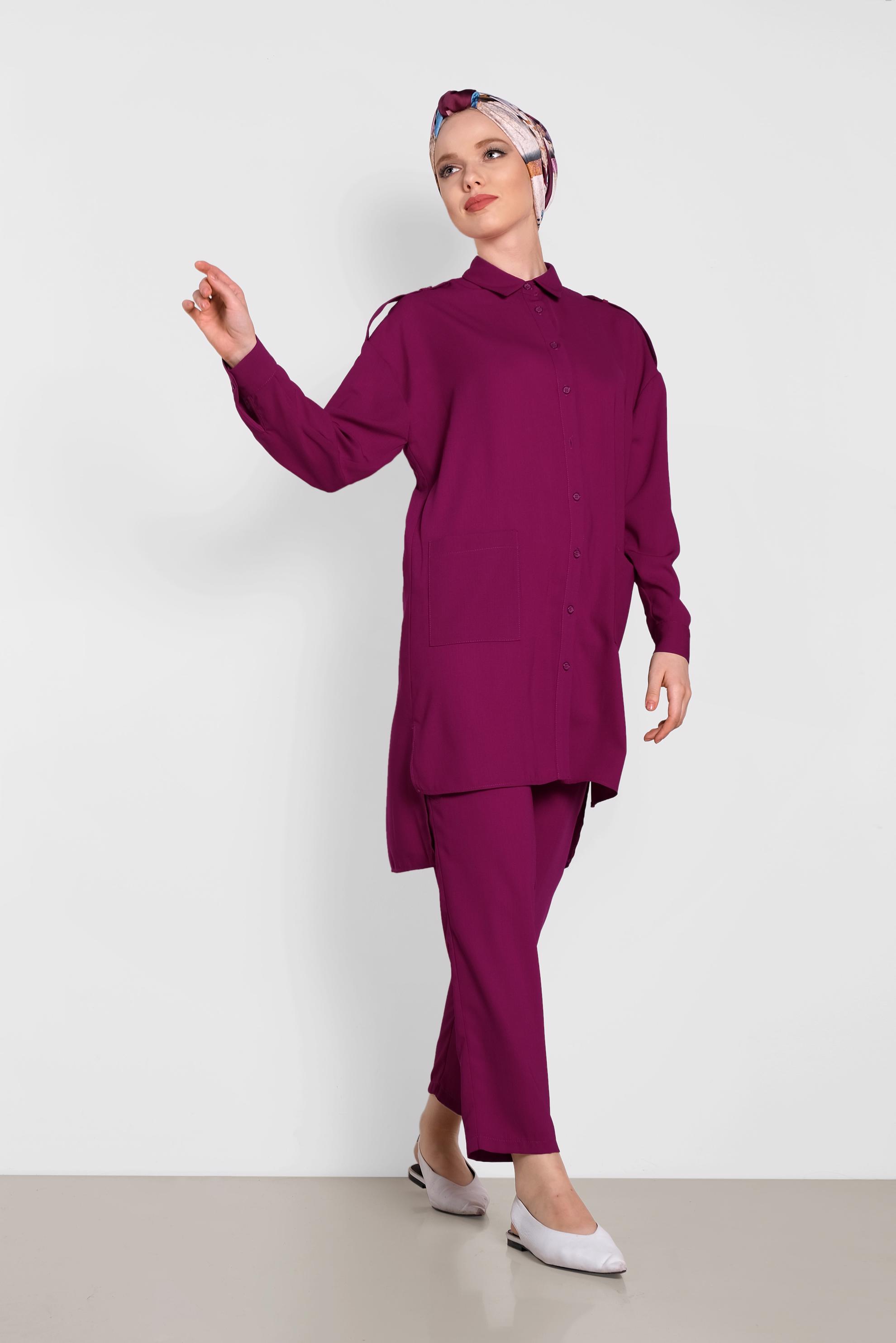 Tesettür giyim MOR DÜĞMELİ CEP DETAYLI İKİLİ PANTOLONLU TAKIM 4322 