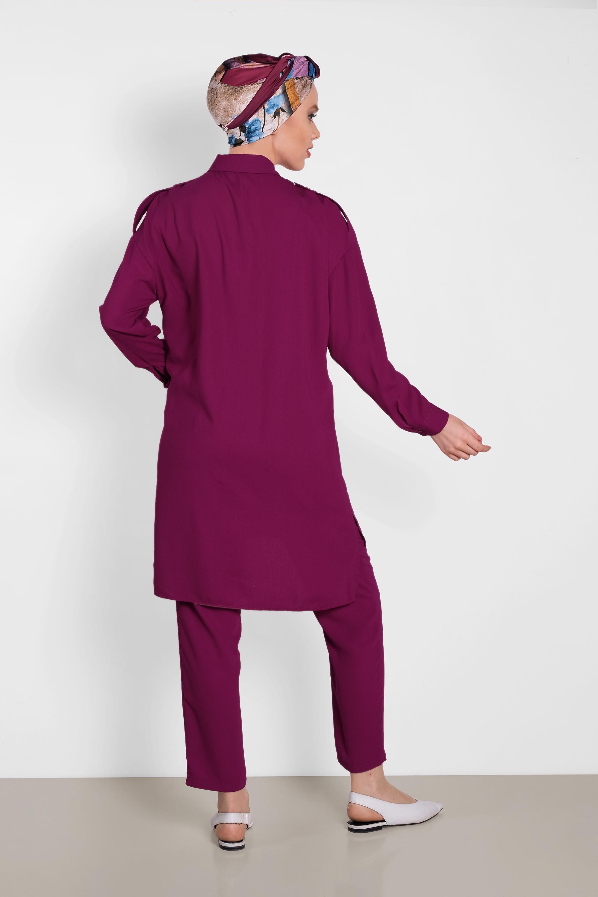 Tesettür giyim MOR DÜĞMELİ CEP DETAYLI İKİLİ PANTOLONLU TAKIM 4322 