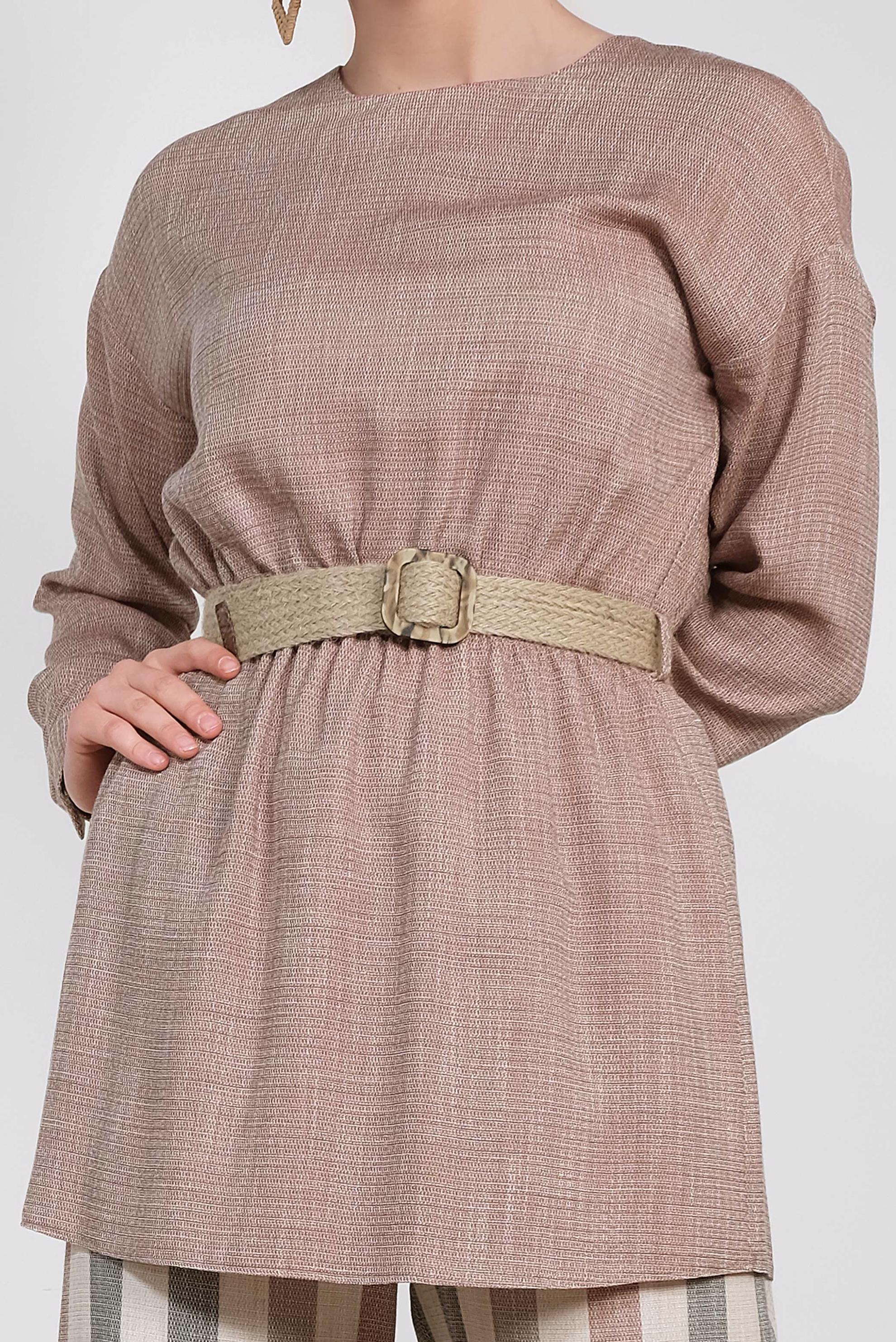 Tesettür giyim TURUNCU ÇİZGİ DESENLİ HASIR KEMERLİ İKİLİ PANTOLONLU TAKIM 4343