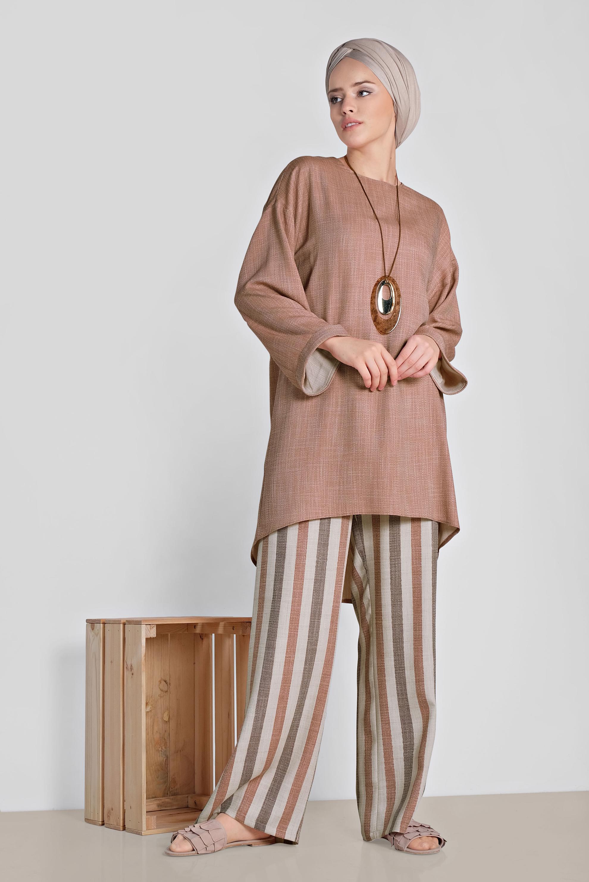 Tesettür giyim TURUNCU ASİMETRİK KESİM ÇİZGİLİ İKİLİ PANT.TAKIM 4345