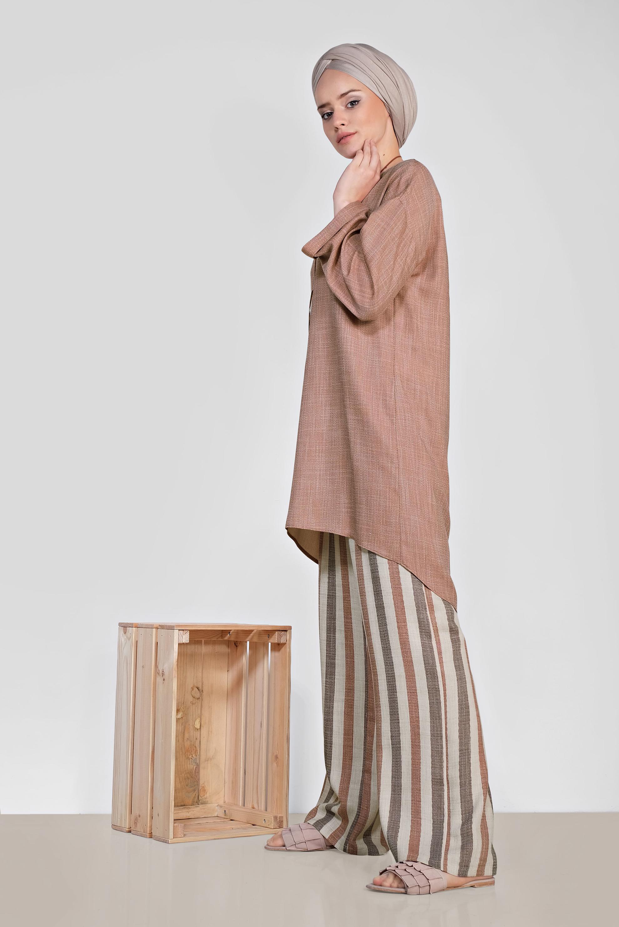 Tesettür giyim TURUNCU ASİMETRİK KESİM ÇİZGİLİ İKİLİ PANT.TAKIM 4345